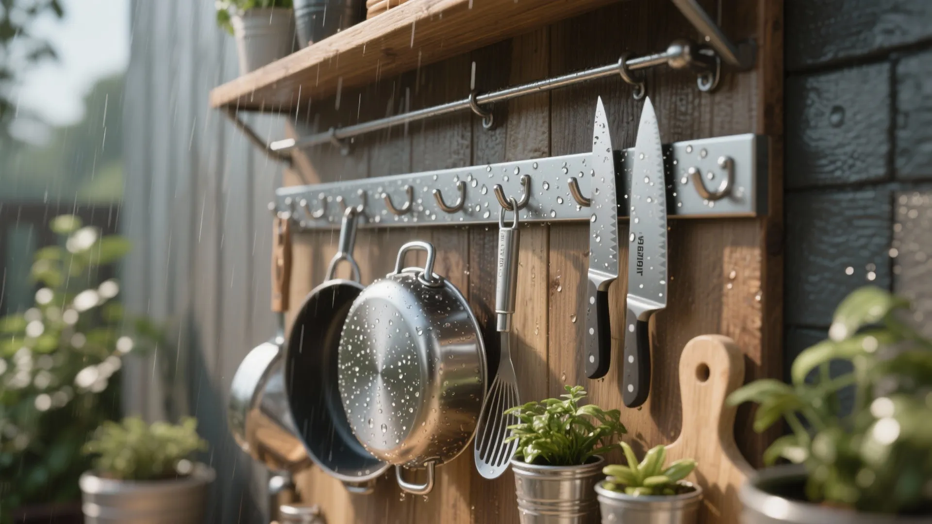 Outdoor wall mounted metal rack holding stainless steel pans and knives on a wooden panel background