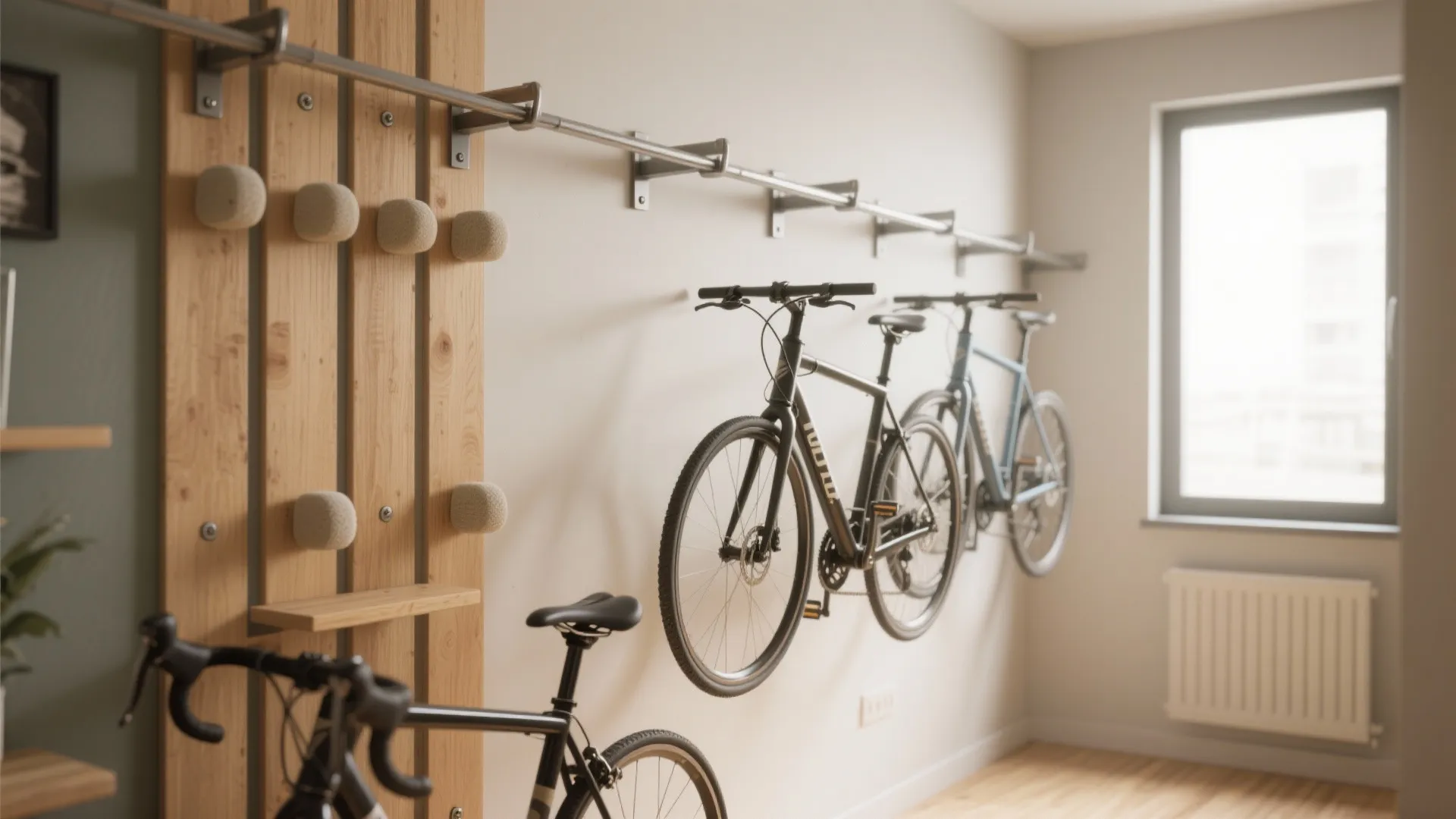 Modern wall mounted bike storage with wooden panels and metal bars holding multiple bicycles inside room