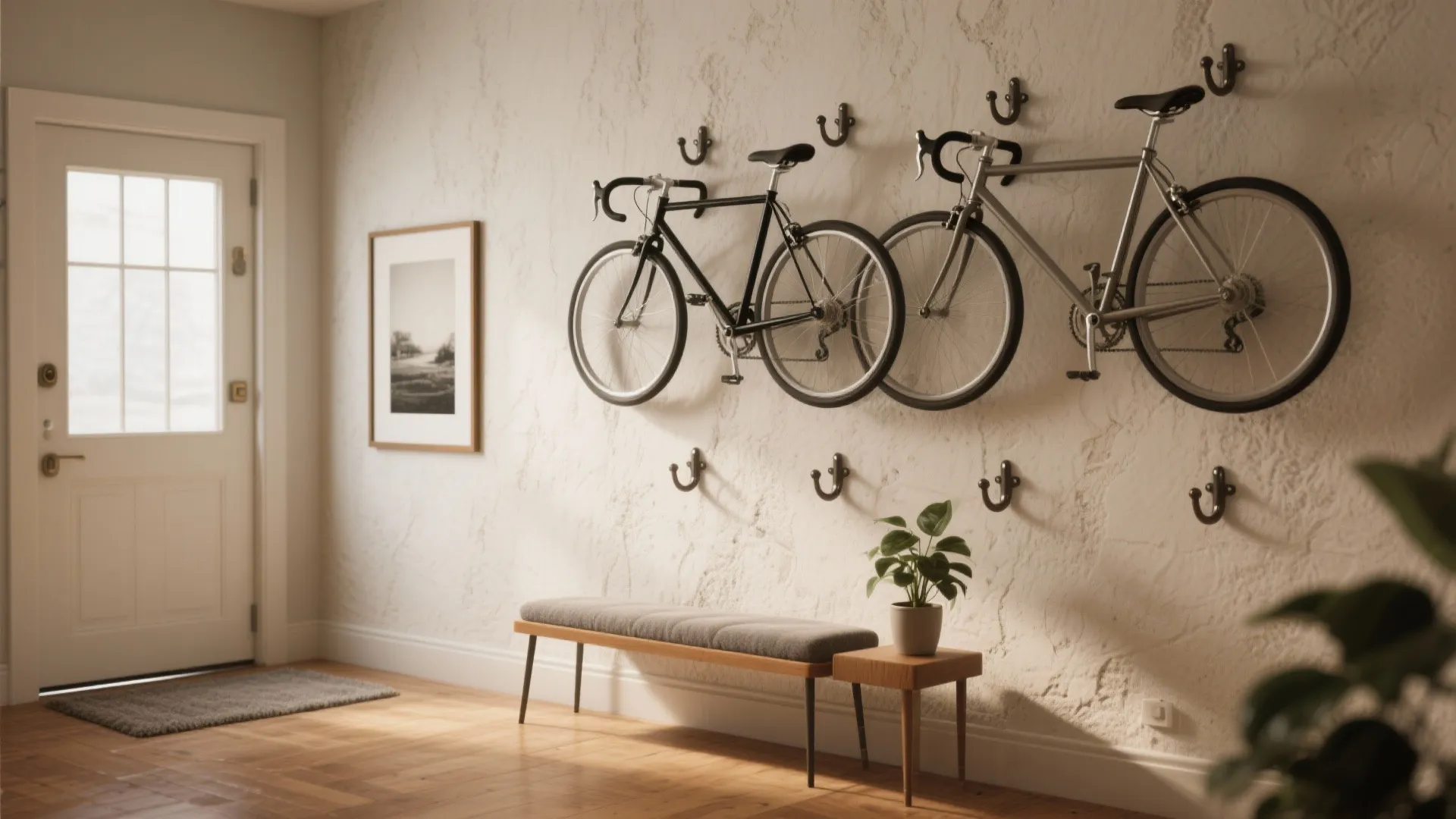 Two bicycles hanging on black wall hooks in a bright hallway with bench and plant
