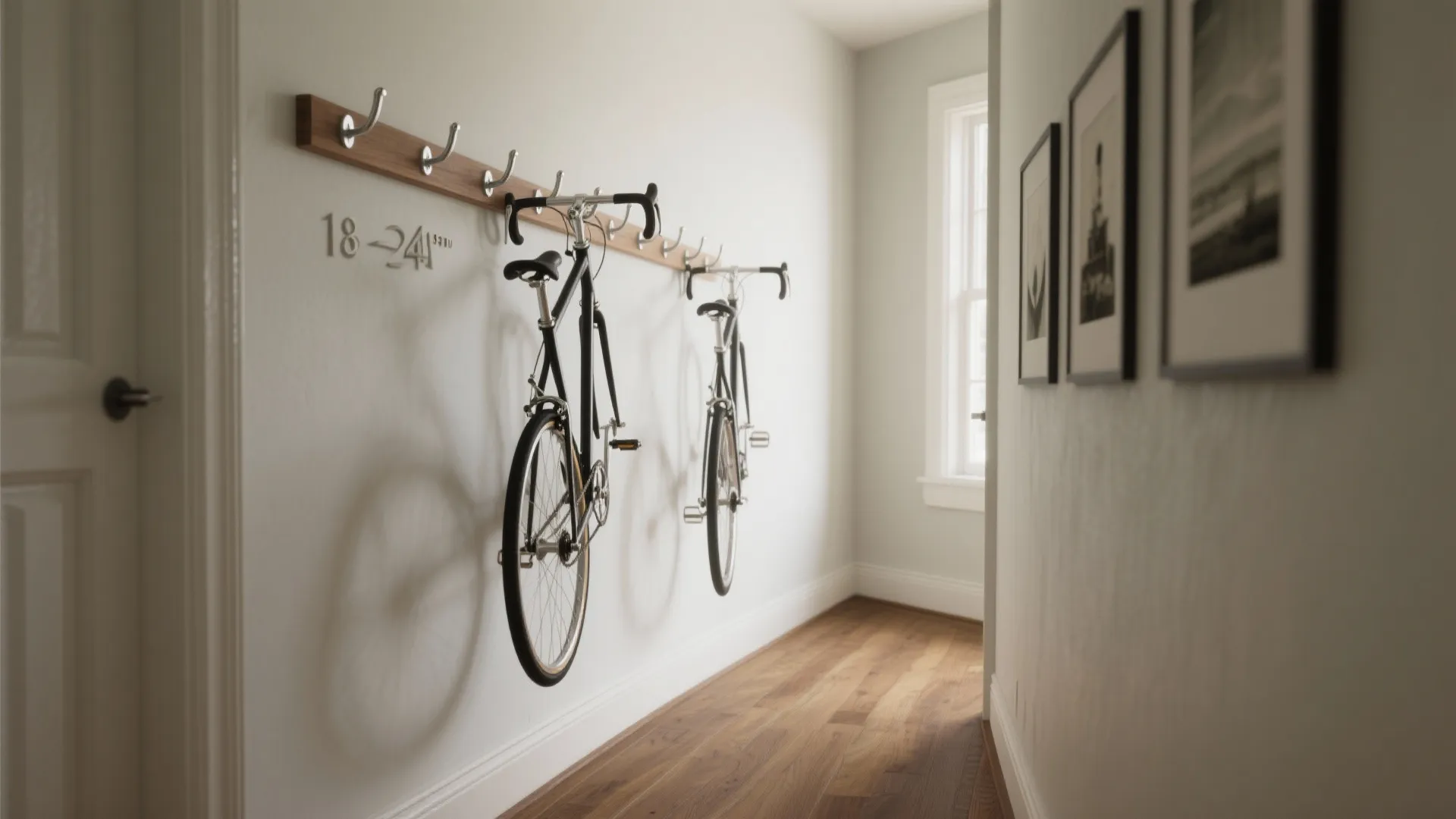 Bicycles hanging vertically on wall hooks in narrow hallway with wood flooring and framed pictures