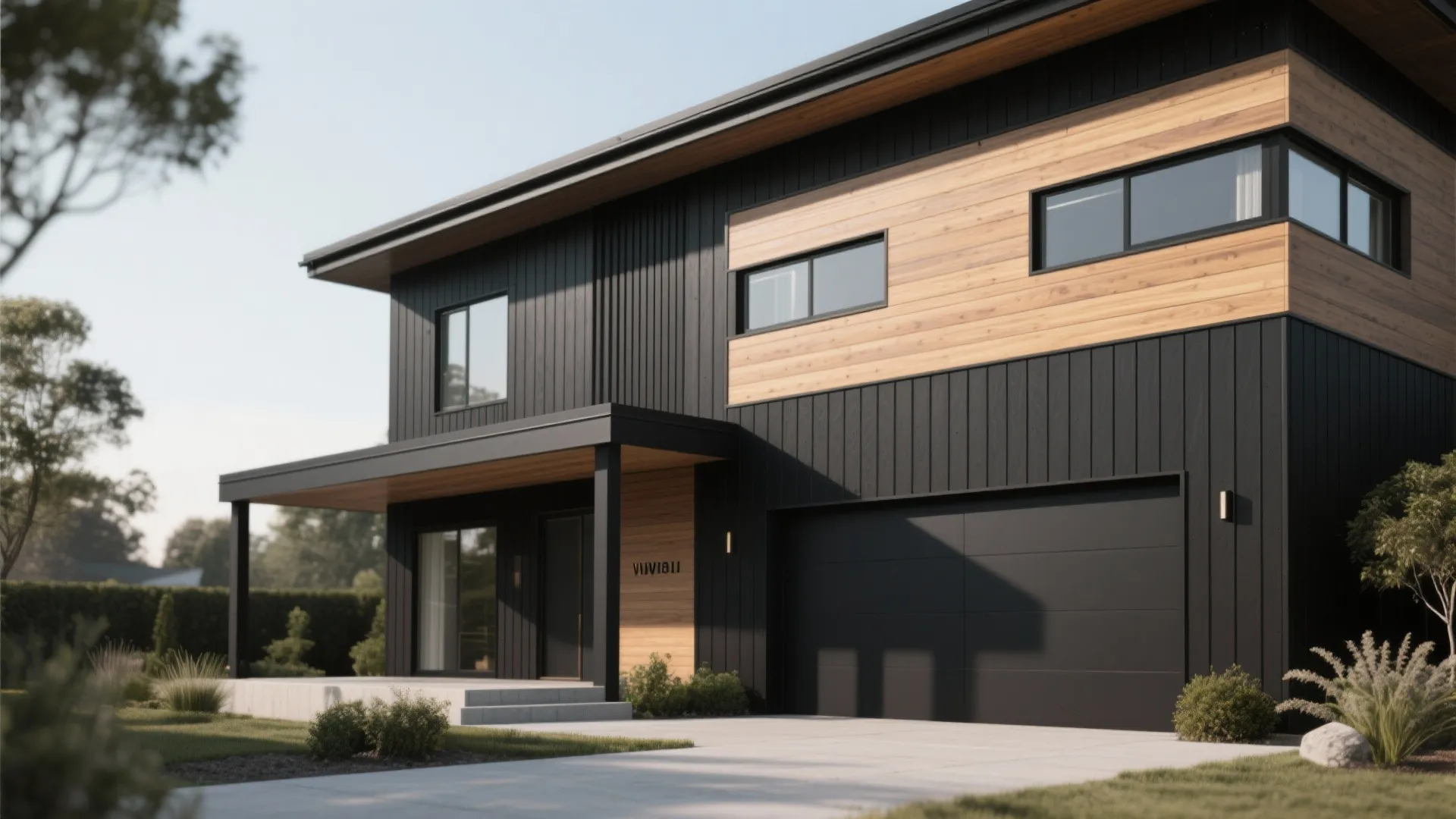 Modern home exterior showing a mix of black vertical siding and horizontal light wood panels