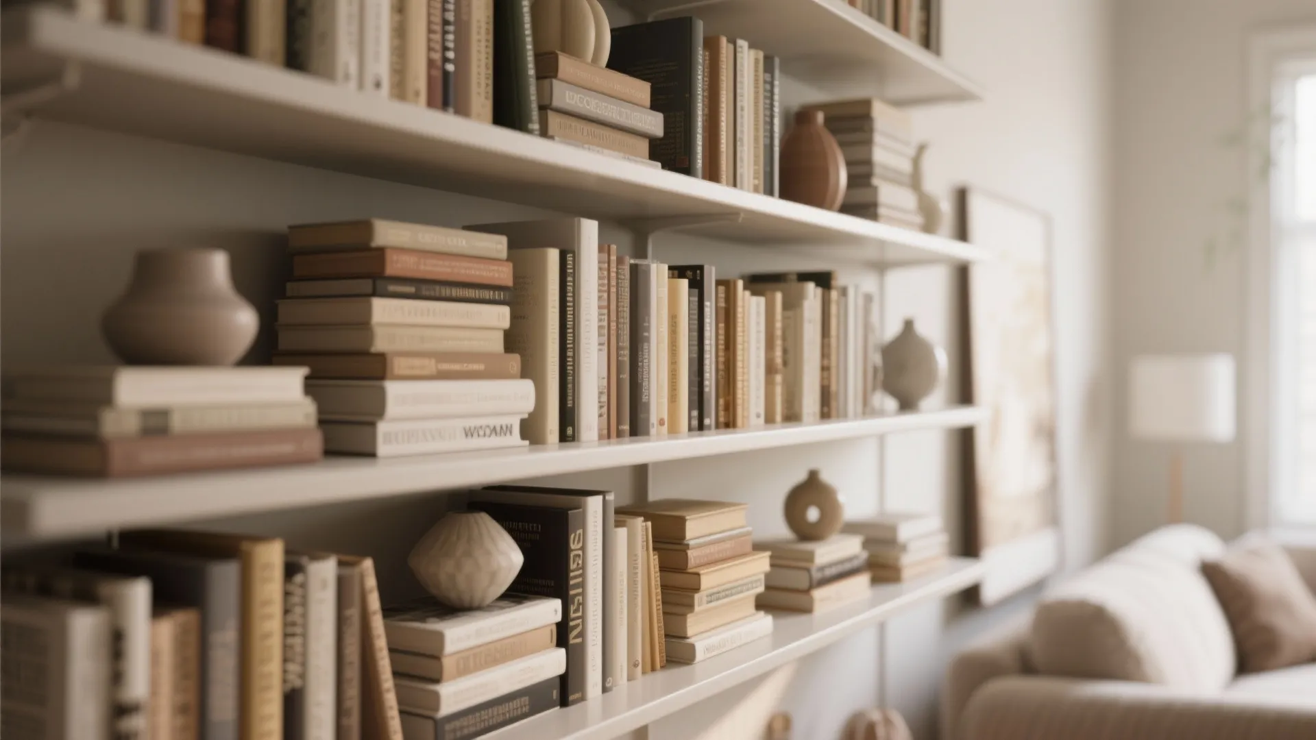 White shelves filled with many books and small vases next to a comfortable beige sofa