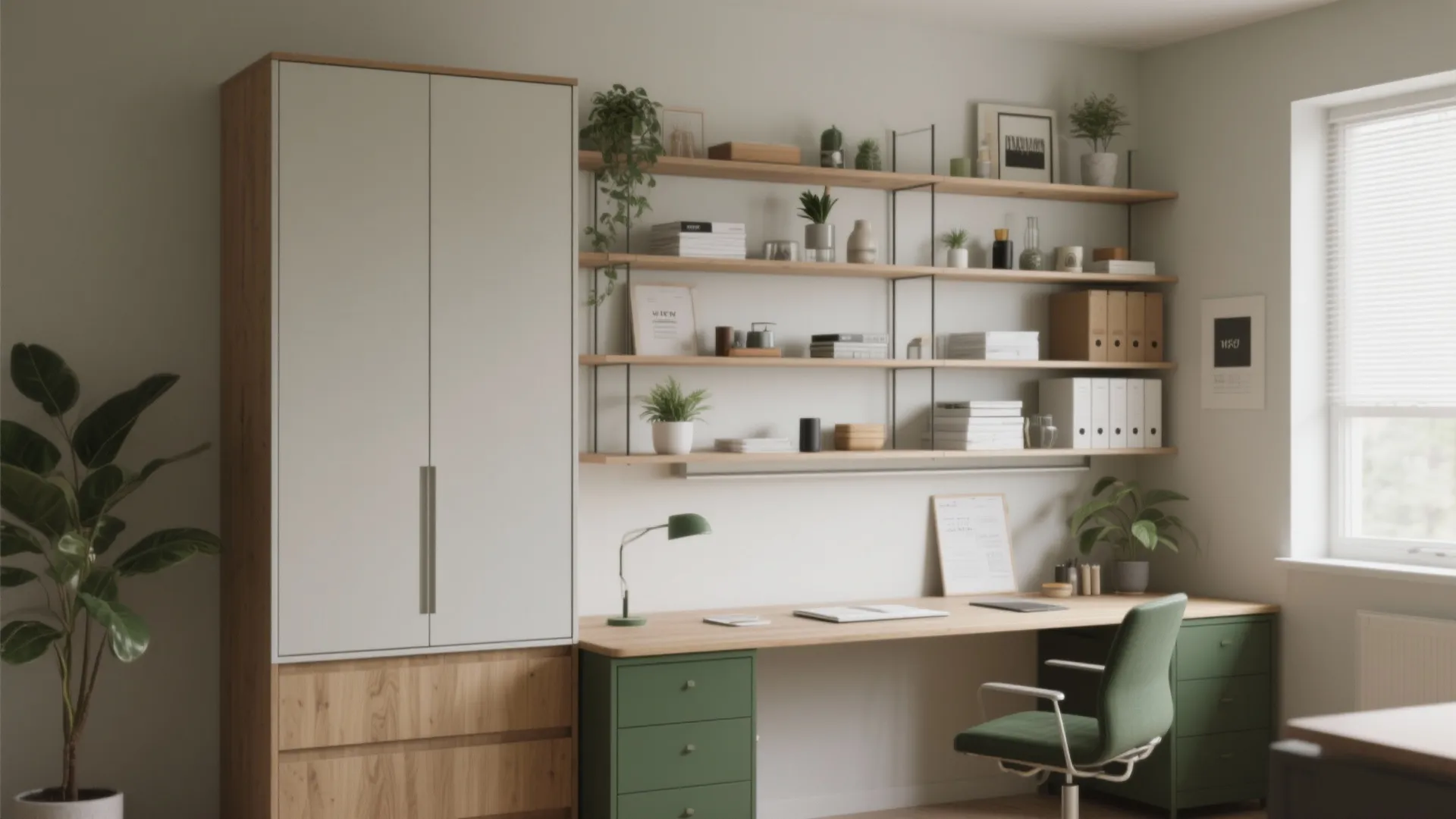 Slim desk with staggered floating shelves and a wall cabinet that preserve natural light