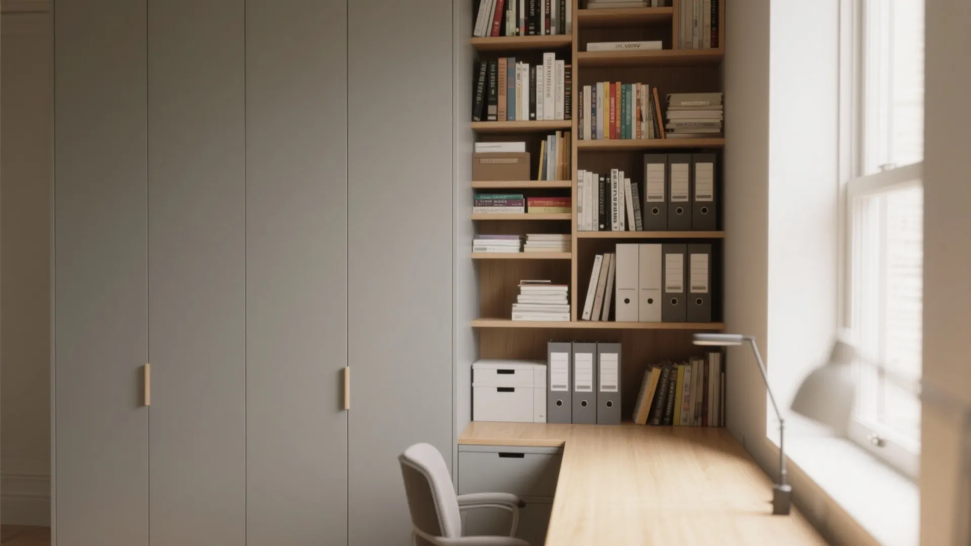 2. Vertical stack: tall hutch, small desk surface