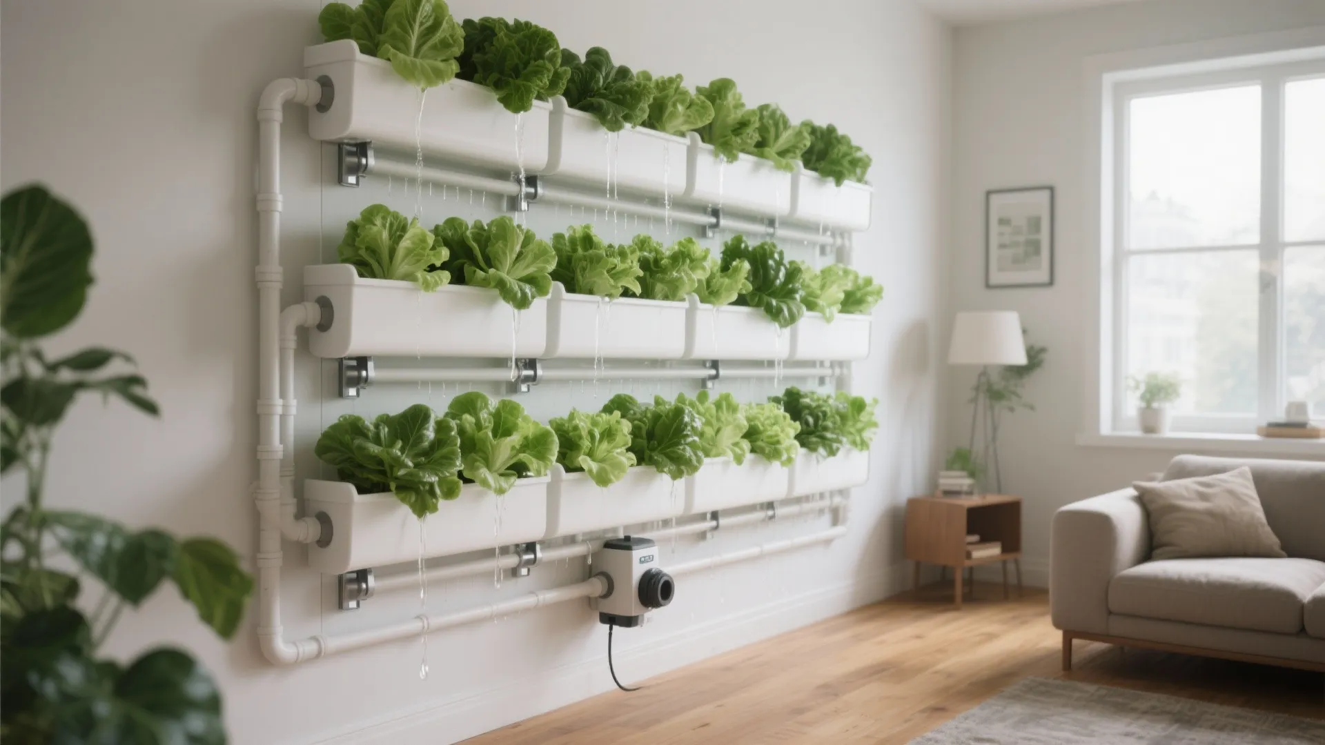 Vertical indoor garden with green lettuce on a white wall next to a grey sofa