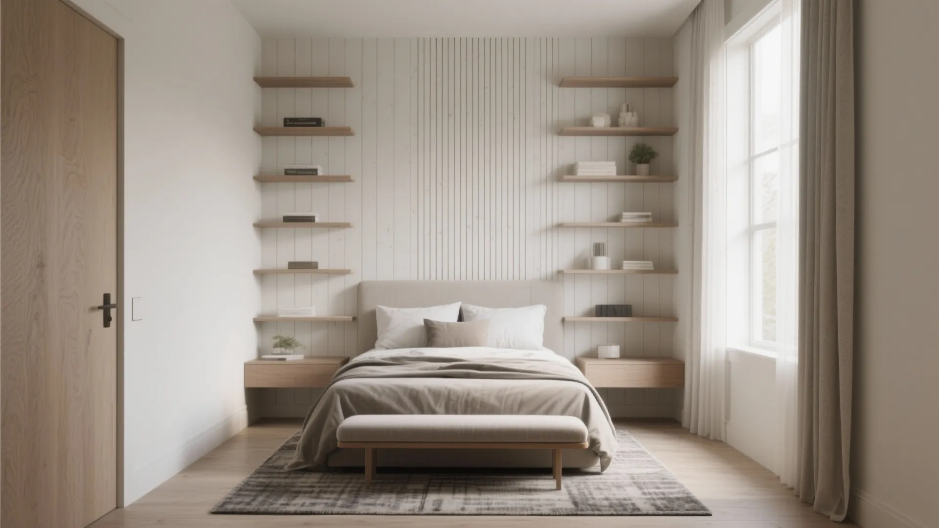 Symmetrical bedroom design with white wall panel open shelves wooden furniture rug and natural light