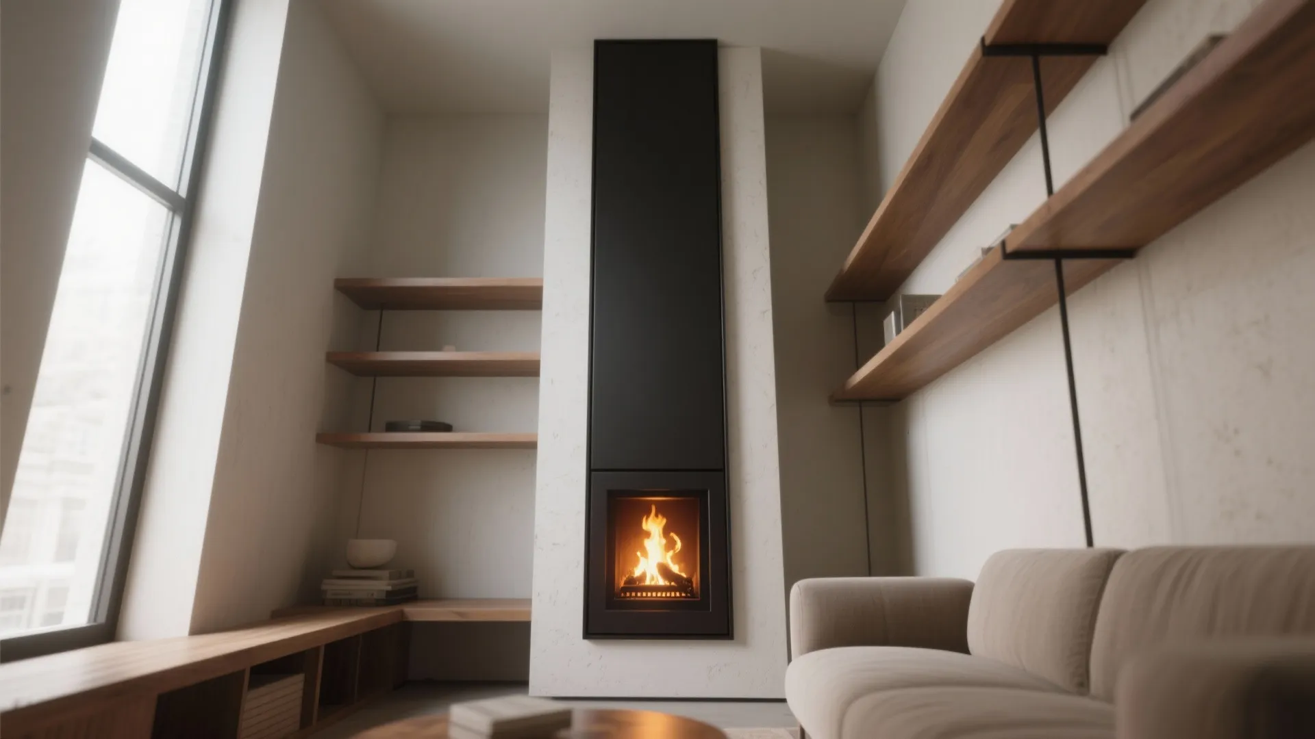 Minimalist living room with tall black fireplace built into white wall and floating brown shelves
