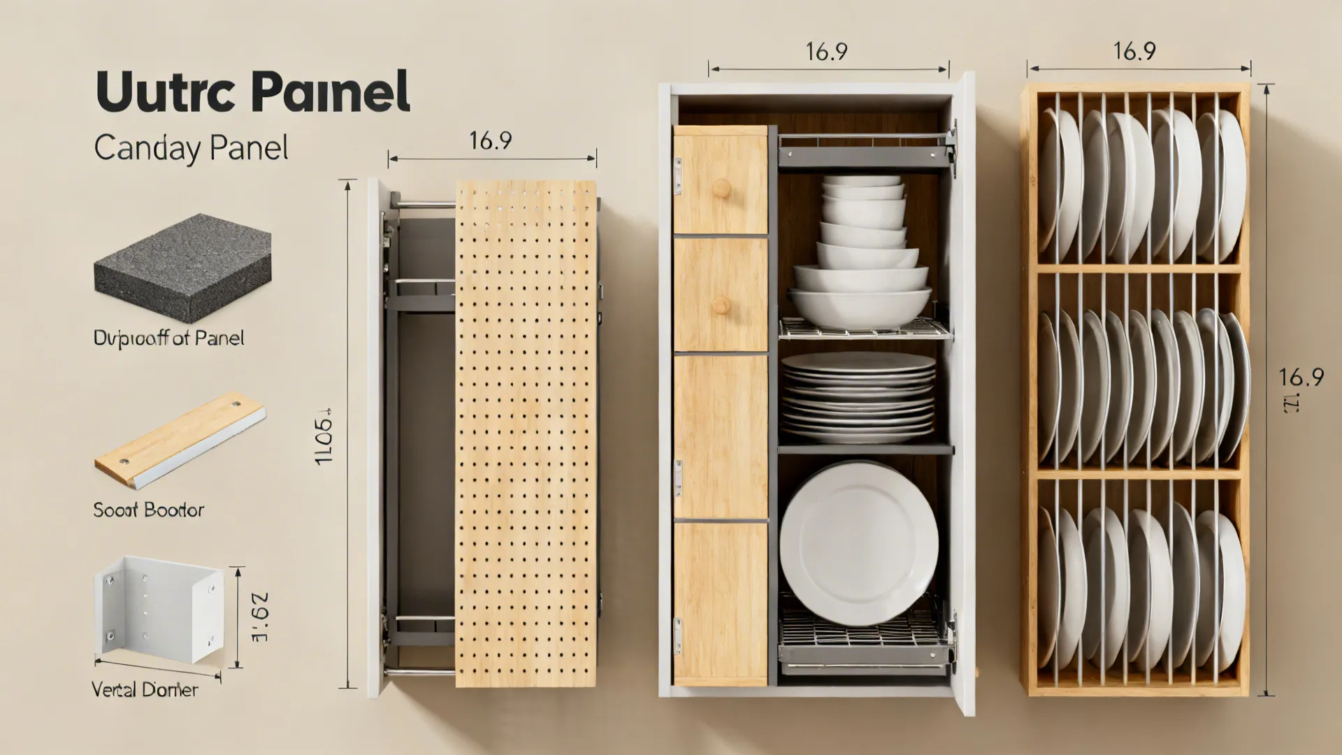 Flatlay of pull-out pantry, pegboard door organizer and vertical plate dividers for cabinets.