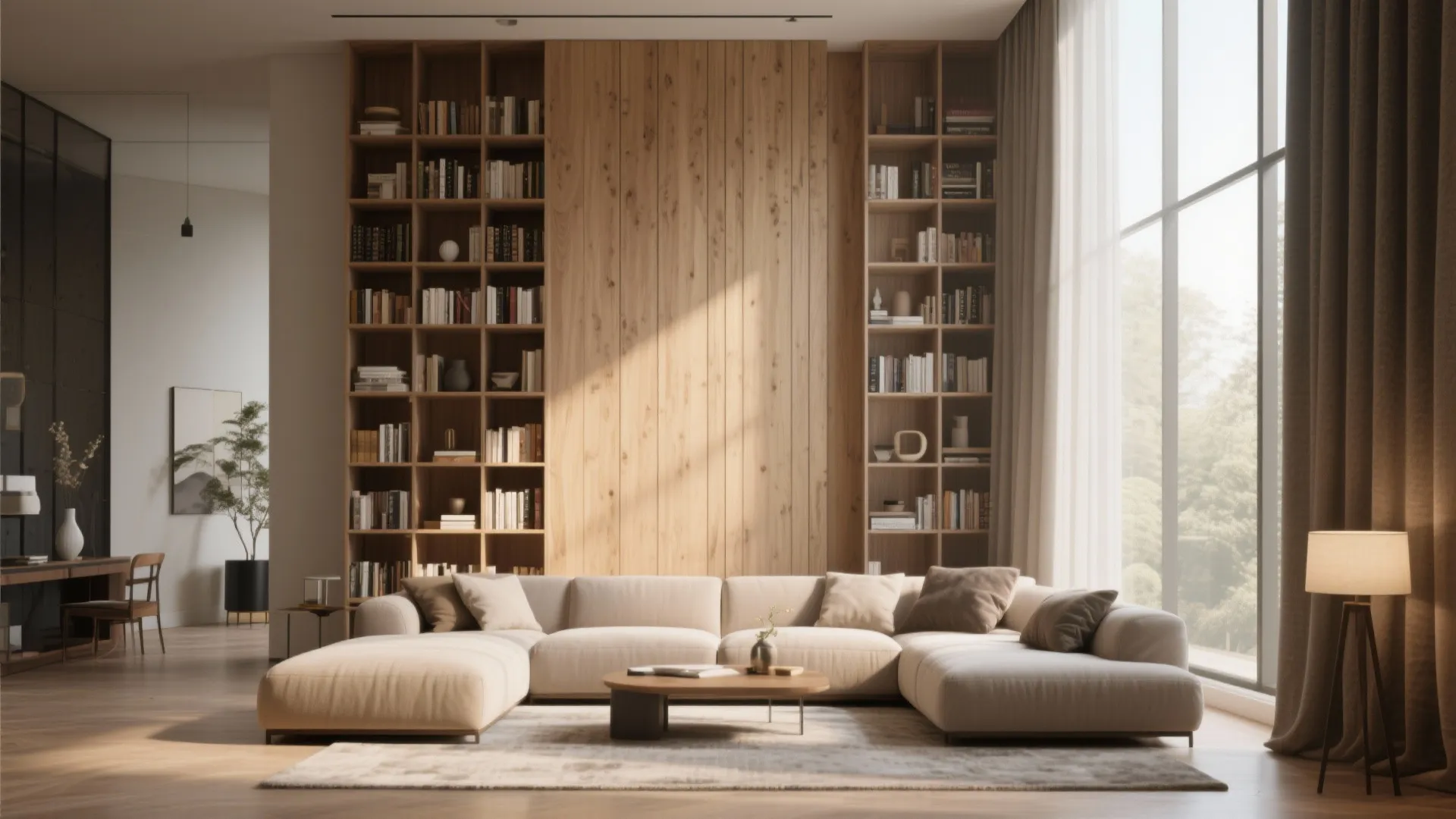 Minimalist living room featuring cream sofa large wooden bookshelf floor light and bright natural window light