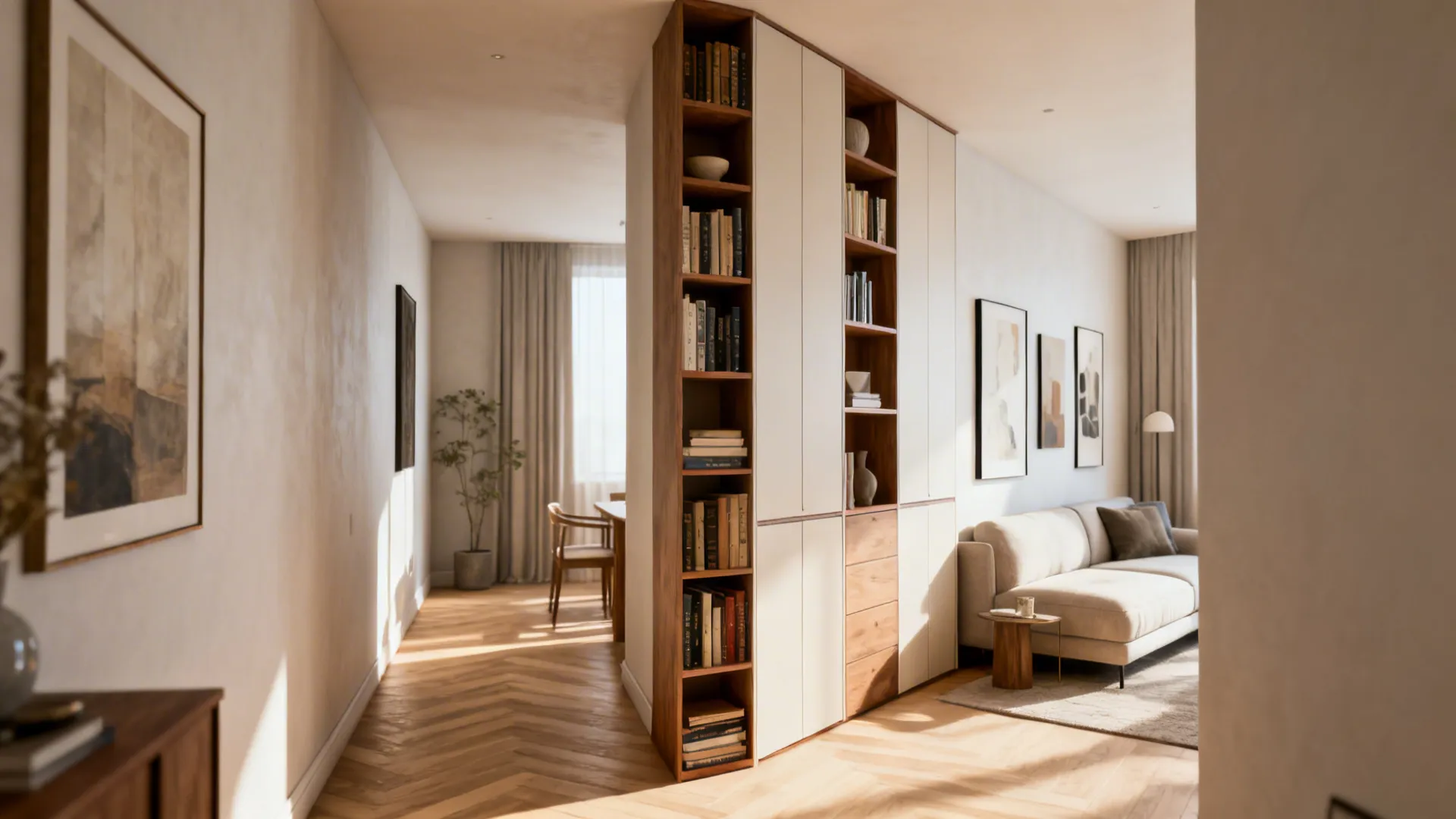 Small living room with a clear walking path and a slim floor-to-ceiling bookshelf creating vertical interest.