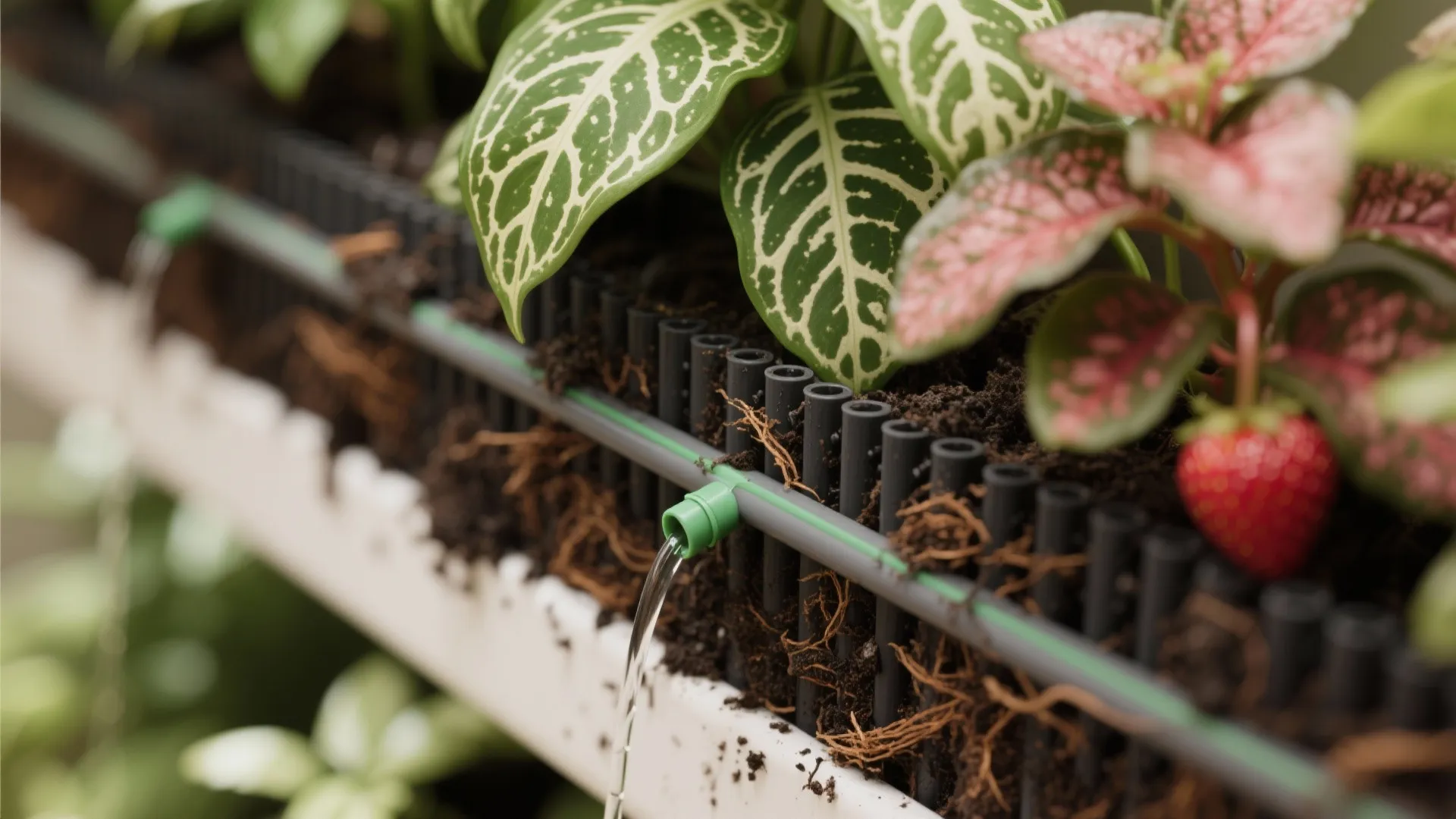 Close-up of drip line and capillary mat in a vertical planter with velvety foliage detail.