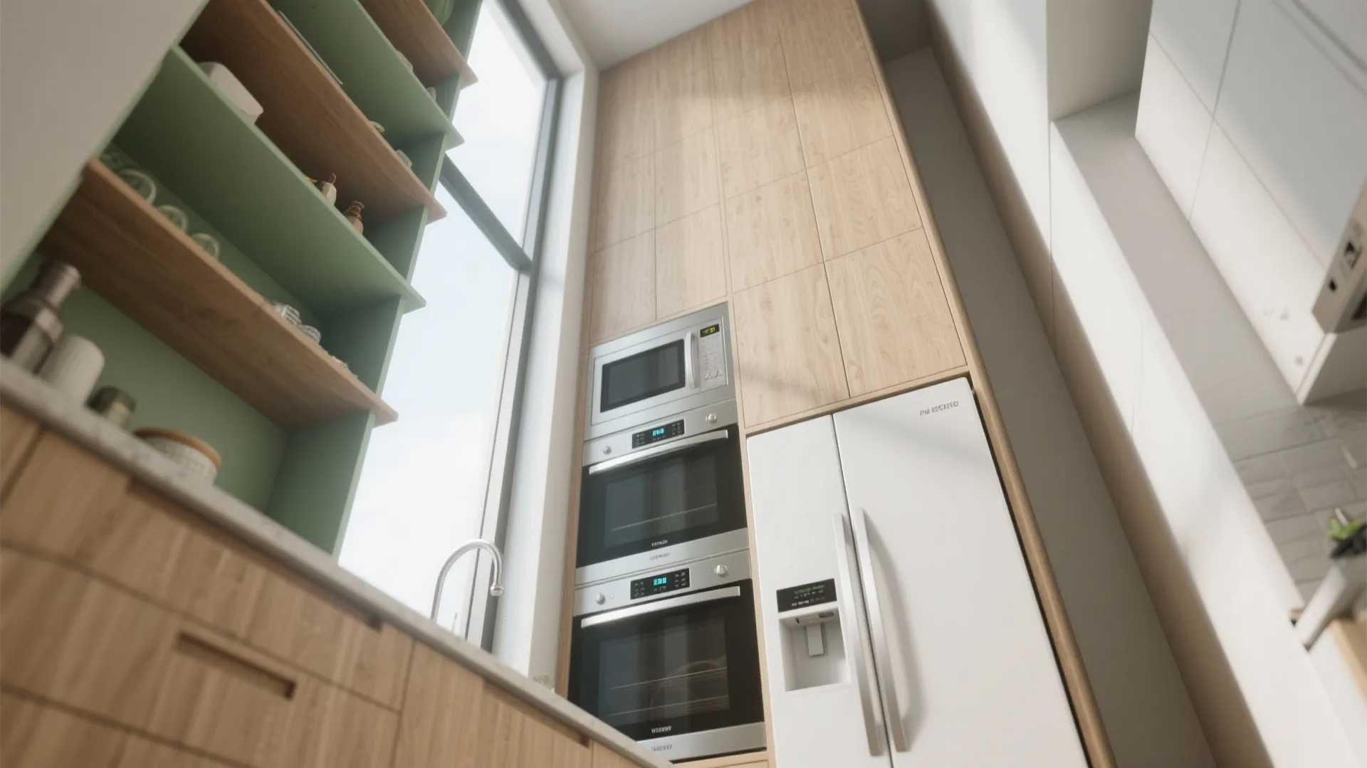 Modern kitchen with wooden cabinets built-in ovens white refrigerator sink faucet and green wall shelves