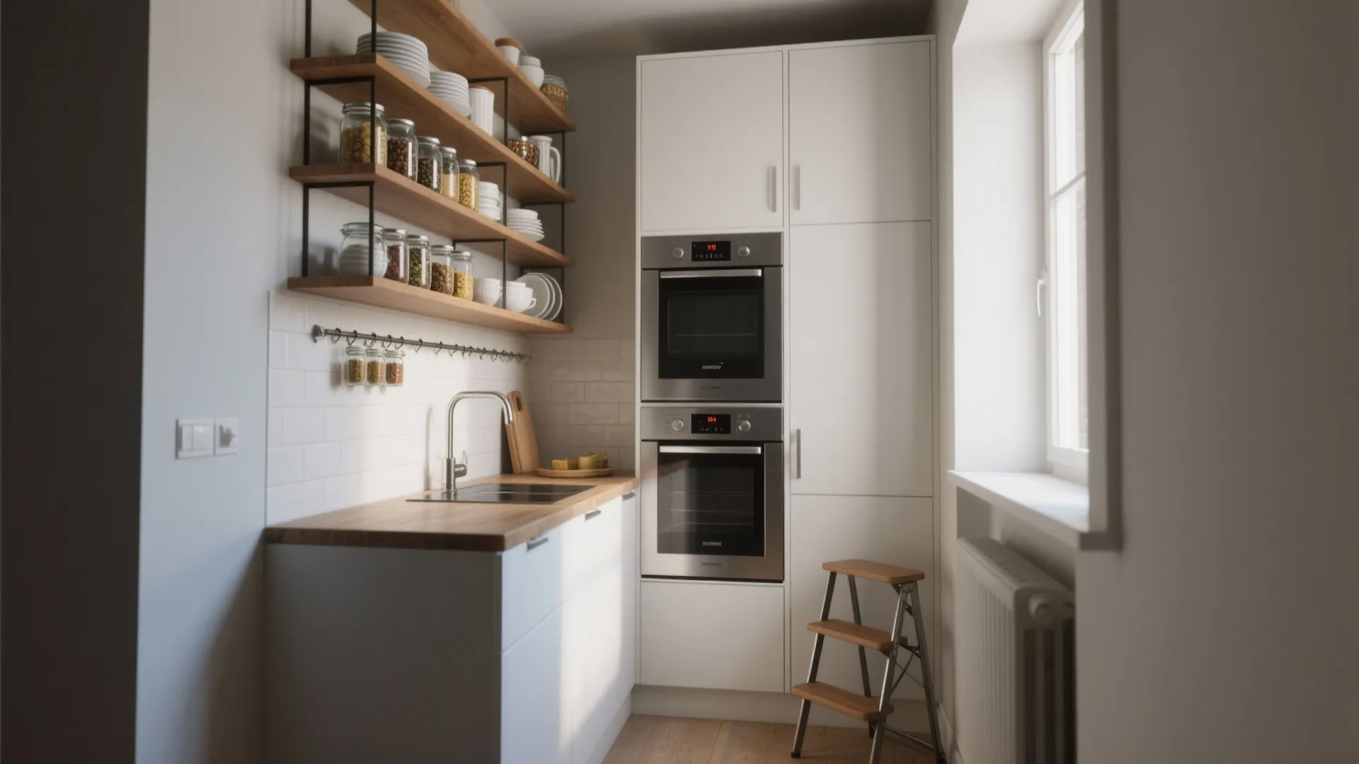 Small white kitchen with wooden shelves stacked wall ovens and a folding wooden step stool