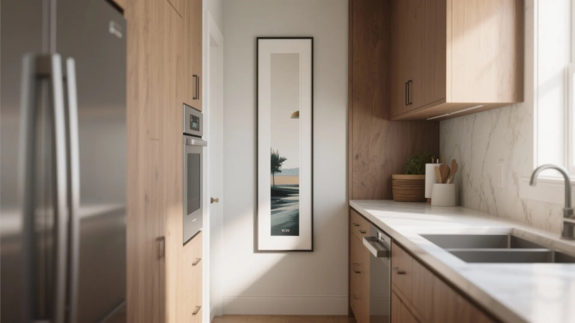 Narrow kitchen view with tall wood cabinets white countertops silver sink and long vertical painting