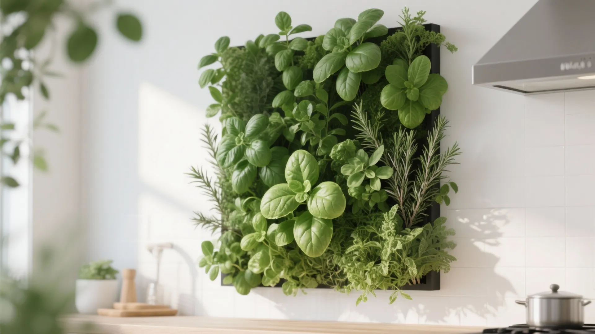 Vertical herb garden wall in a bright kitchen