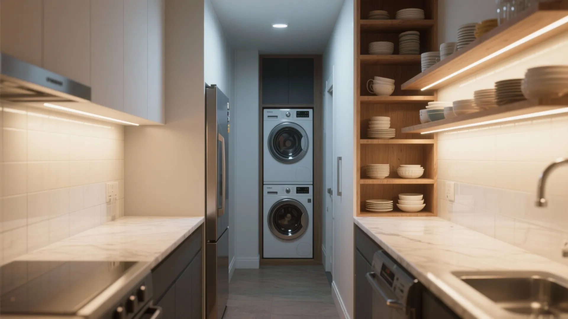 3. Kitchen rework with vertical appliances and open shelving