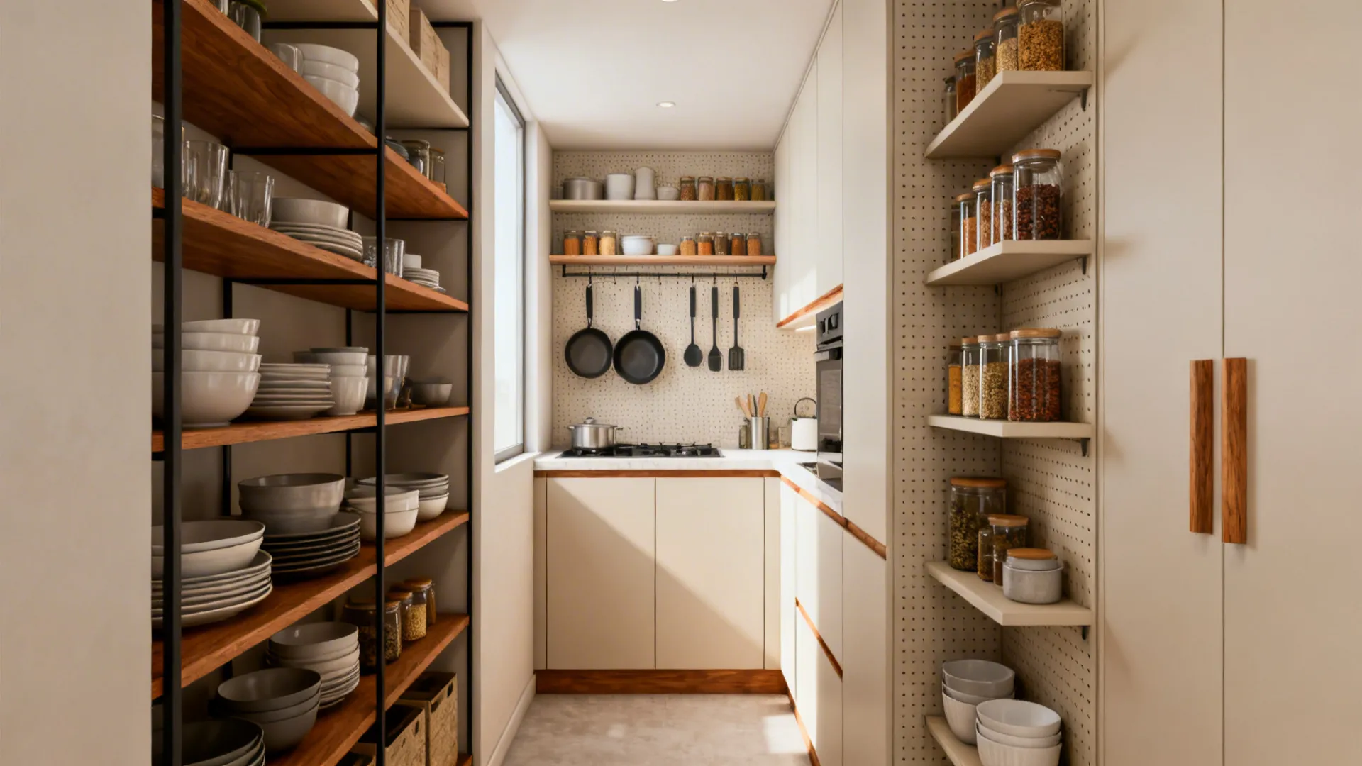 Tiny kitchen featuring floor-to-ceiling open shelves and a pegboard for pans and spices.