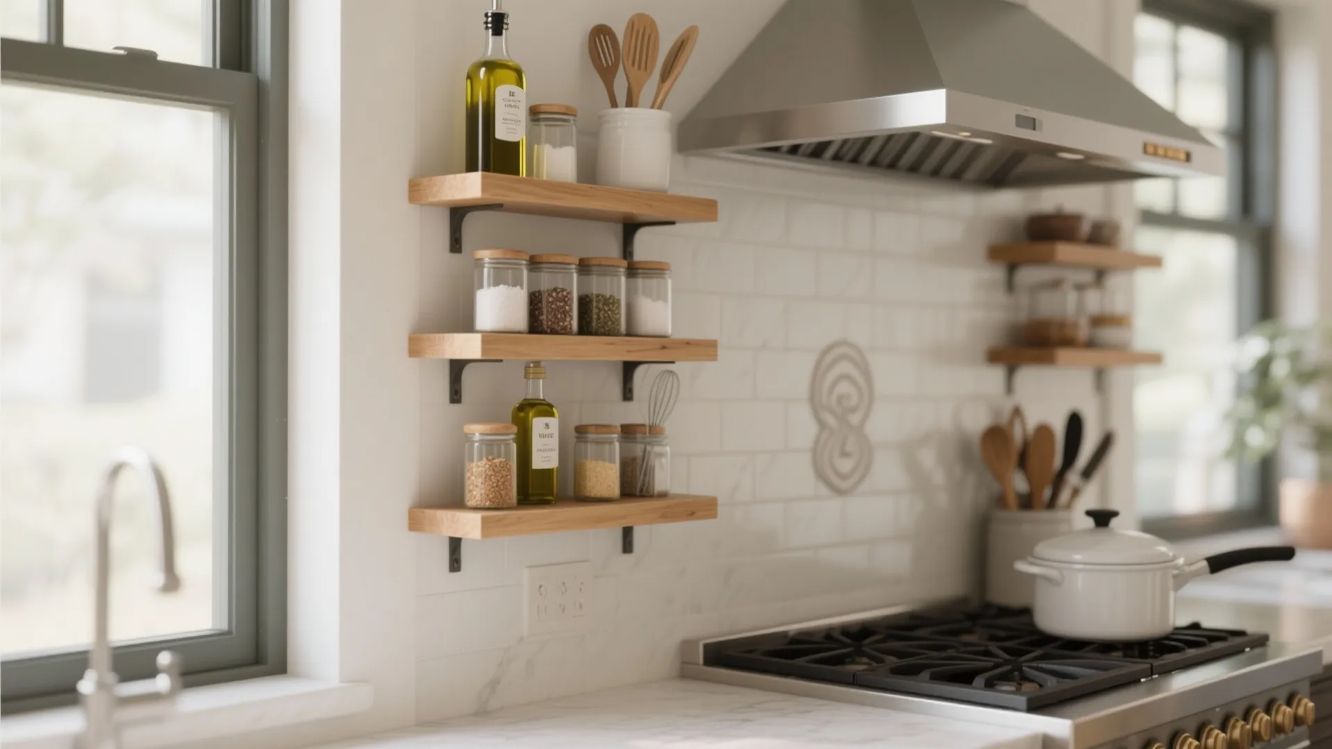 Three small wooden wall shelves holding glass spice jars and olive oil near a white stove