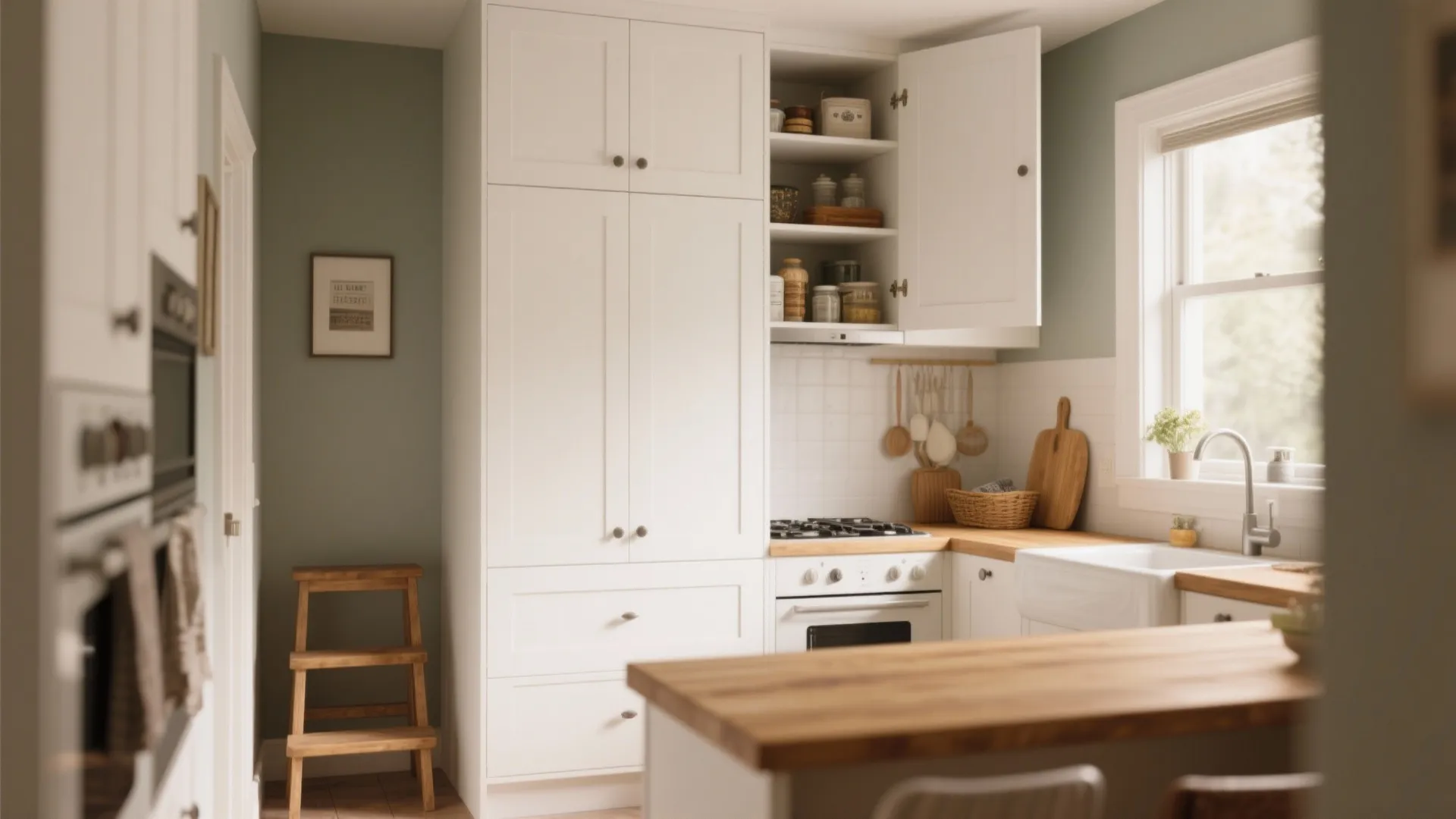 Modern white kitchen with wooden countertops green walls tall storage cabinets oven and a window