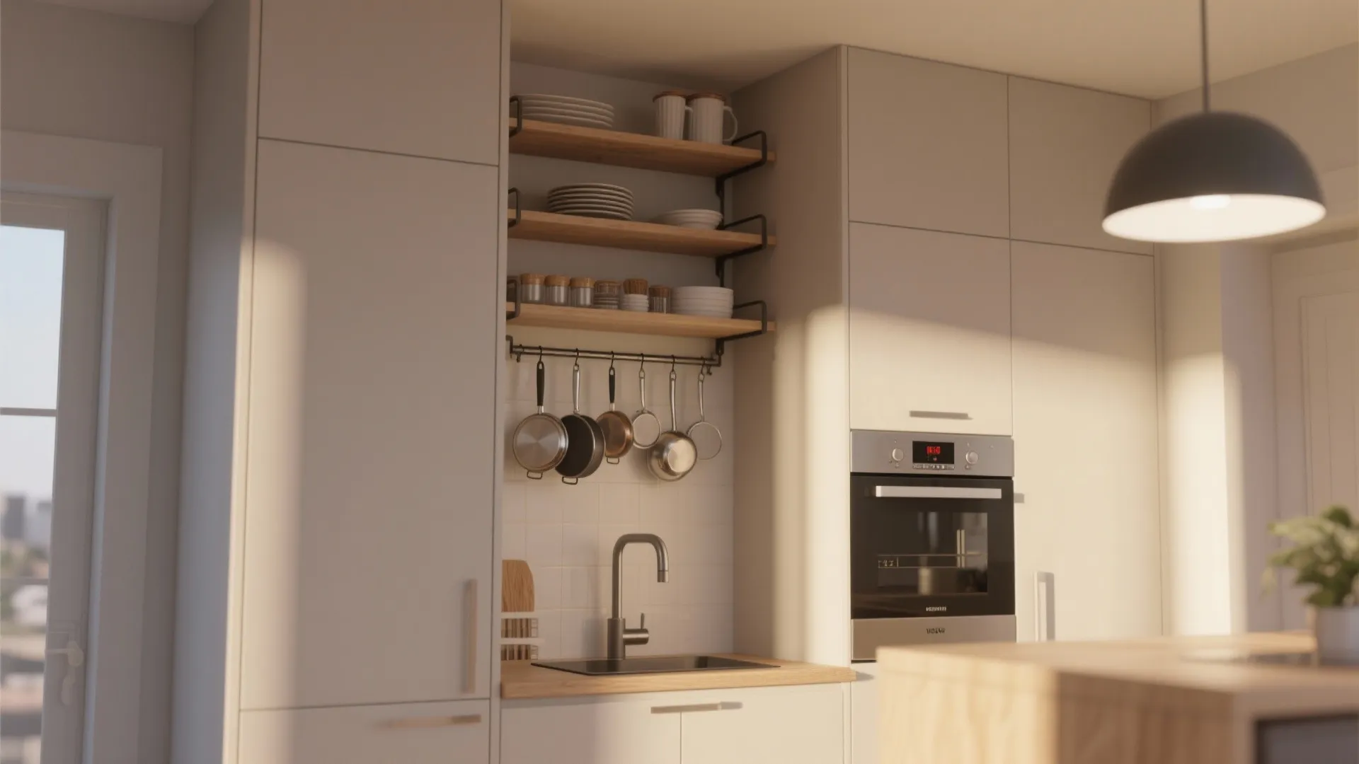 White kitchen cabinets with wooden open shelves, hanging pots, a small sink, and an oven