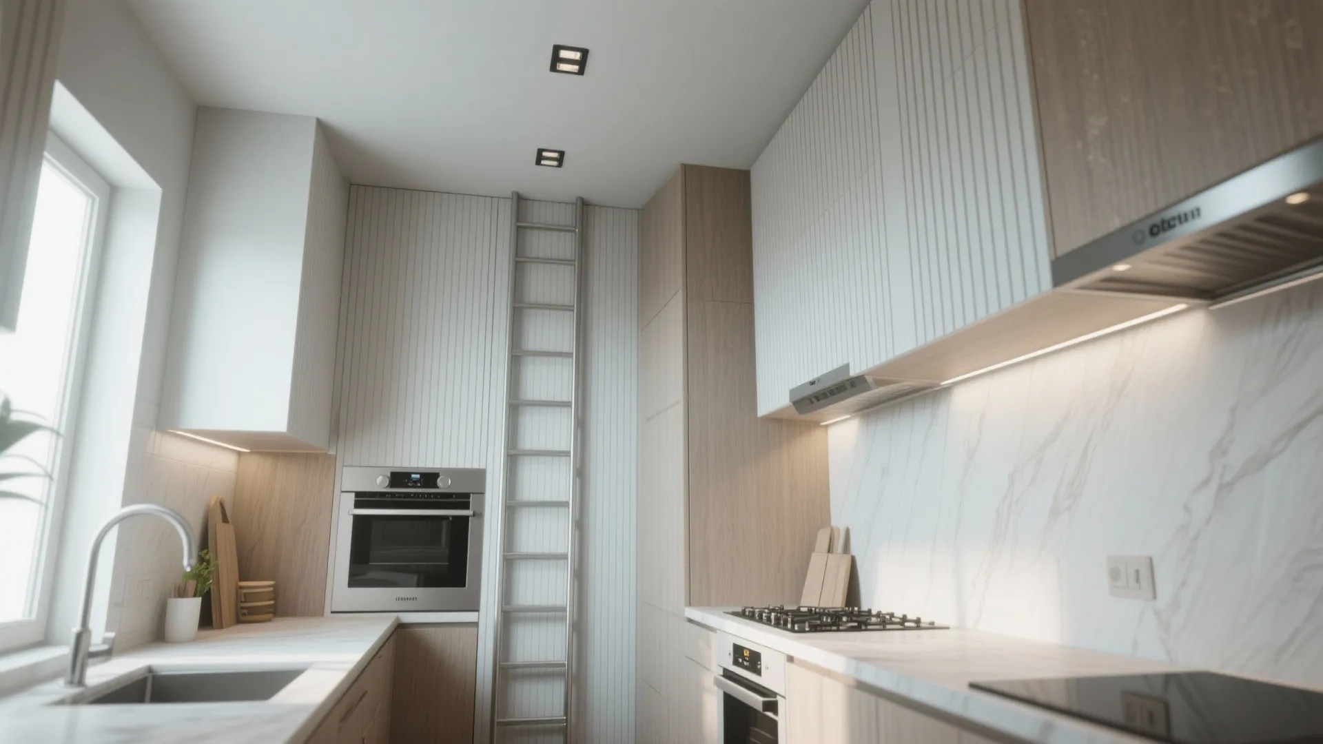 Modern kitchen with tall white cabinets wooden panels built in oven and a metal ladder