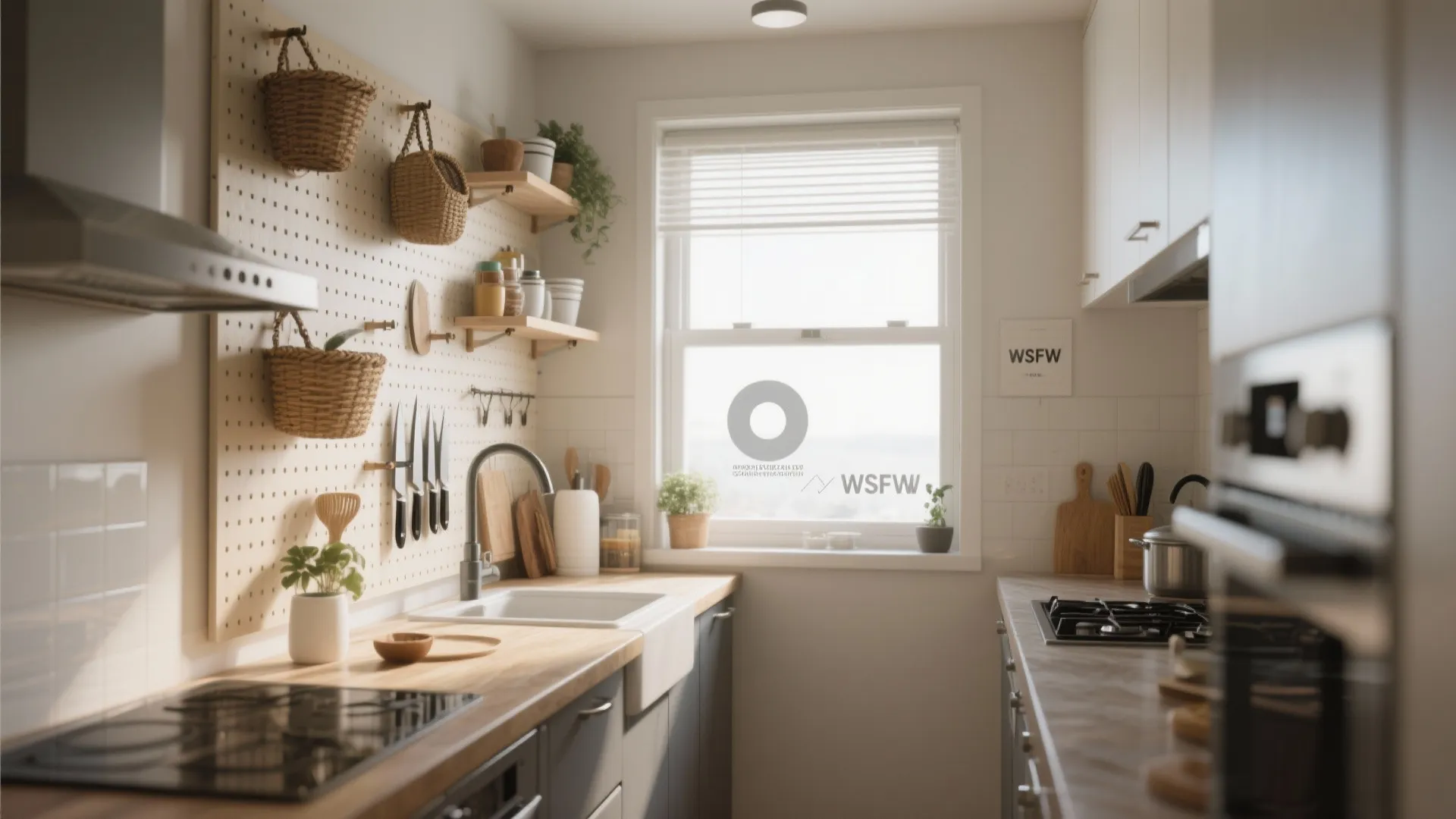 Kitchen wall with pegboard organizer hanging baskets knives wooden shelves sink and bright window view