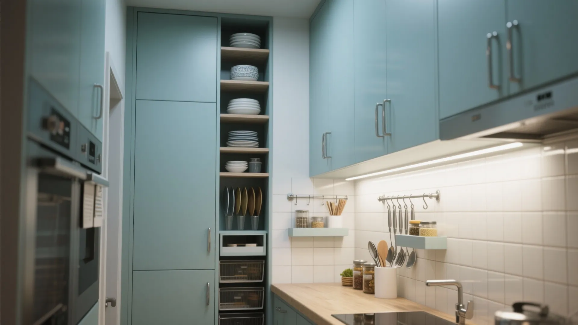 Compact kitchen showing tall cabinets, open shelves, magnetic utensil rail, and narrow pull-out pantry.