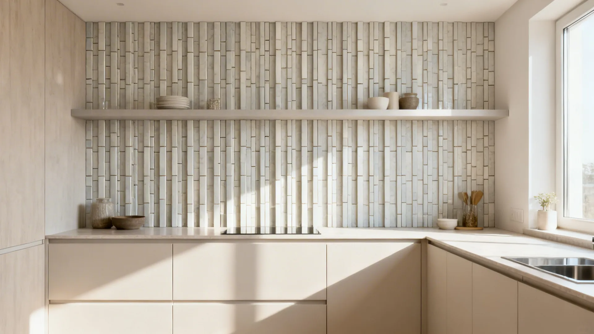 Vertical kit-kat mosaic backsplash behind a floating shelf in a compact kitchen.