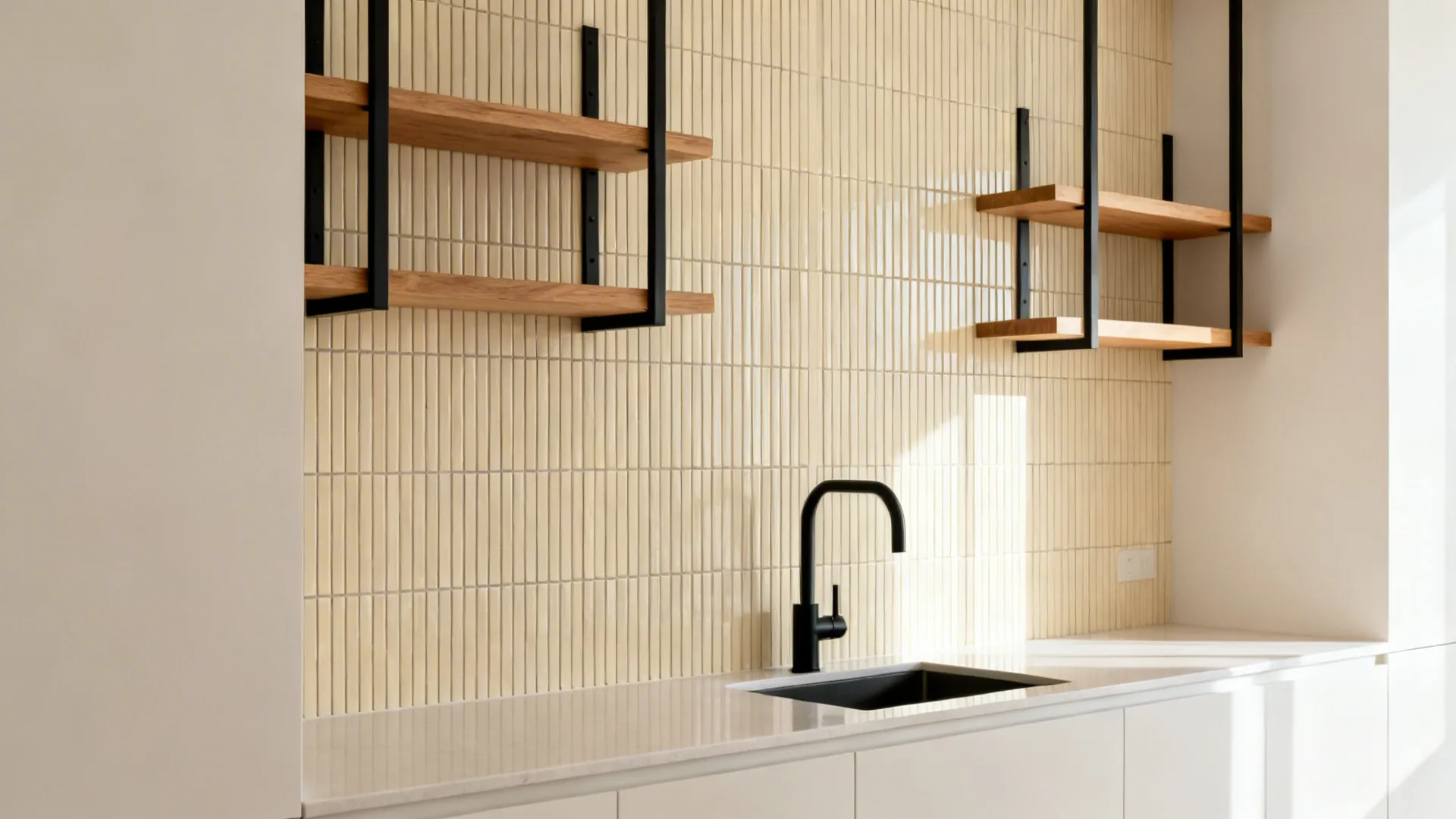 Vertical cream kit-kat mosaic tiles rise to the ceiling behind open oak shelves.