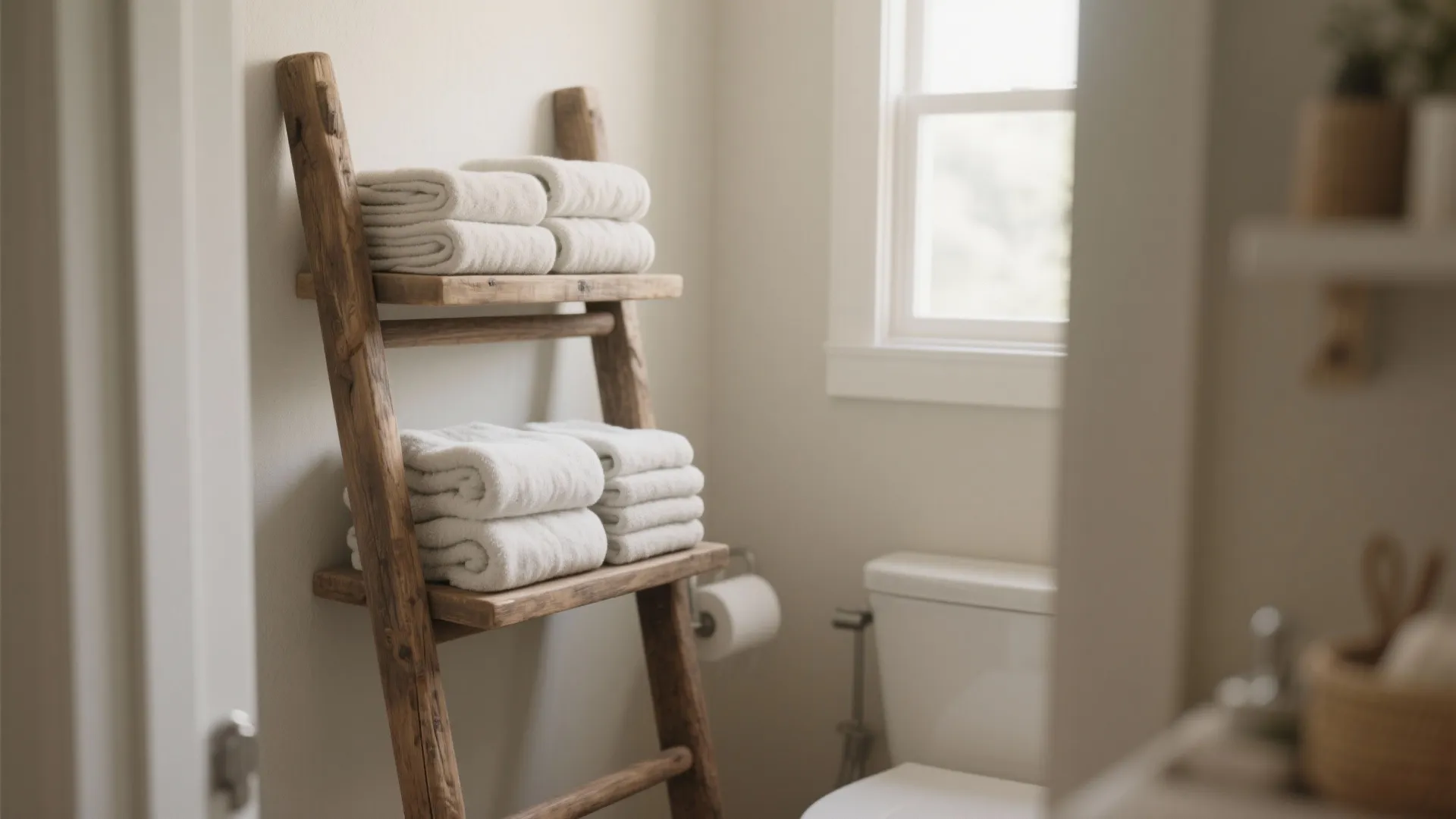 Rustic storage ladder with towels in bathroom