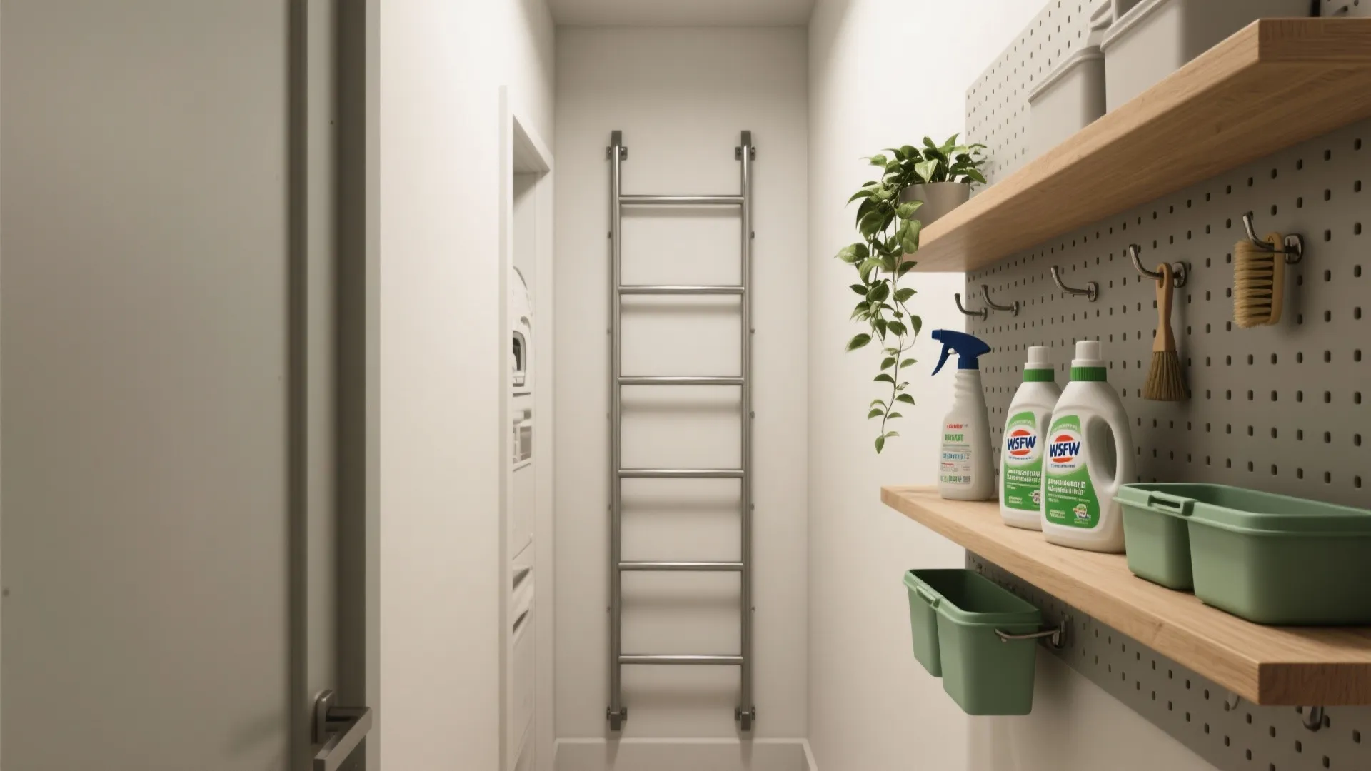 2. Vertical Storage Ladder: Use wall space for detergents and tools