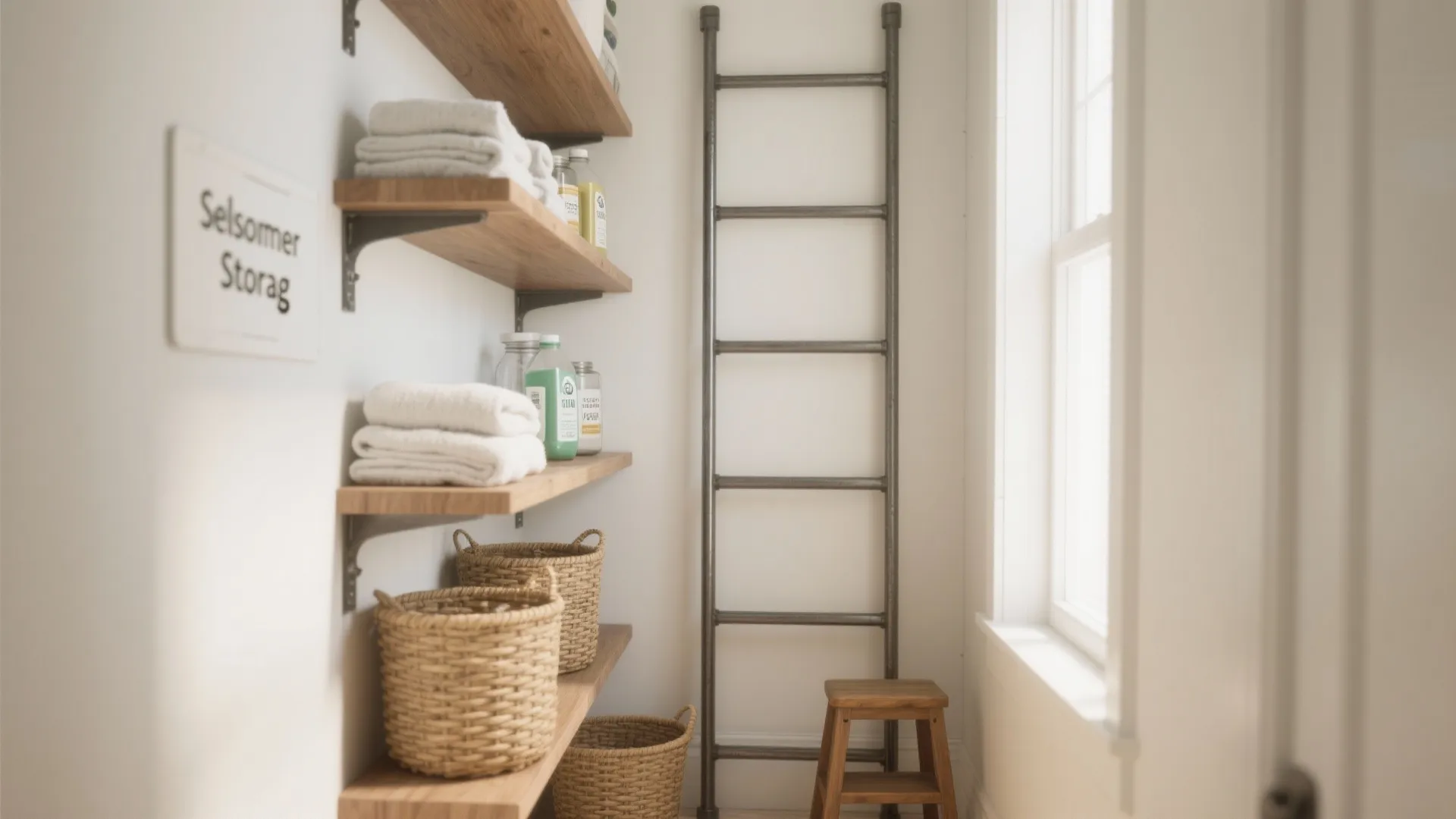 Storage room with wooden wall shelves folded towels baskets metal ladder small stool and window