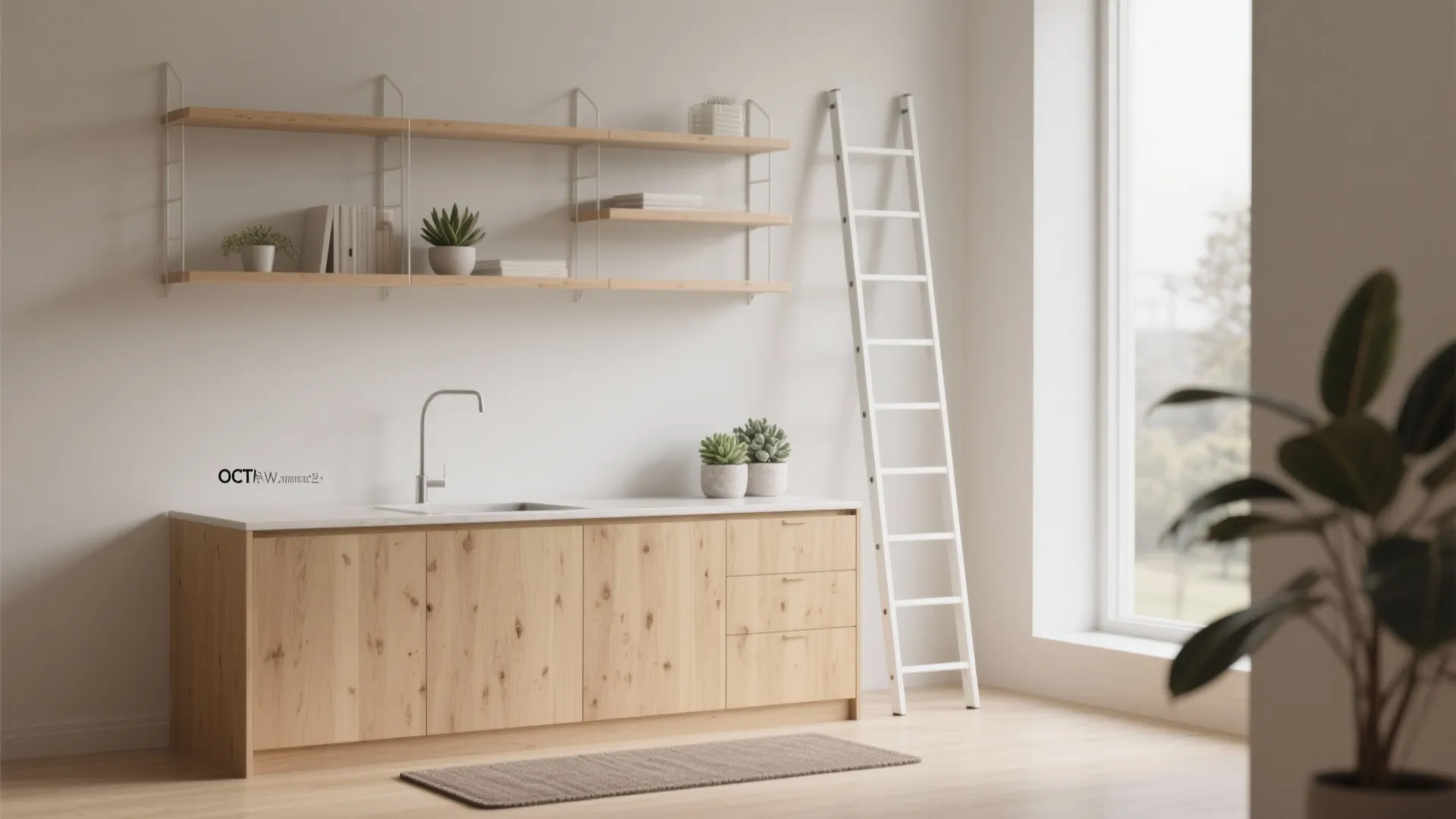 Bright kitchen area with wooden cabinets, white sink, wall shelves, white ladder, and large window