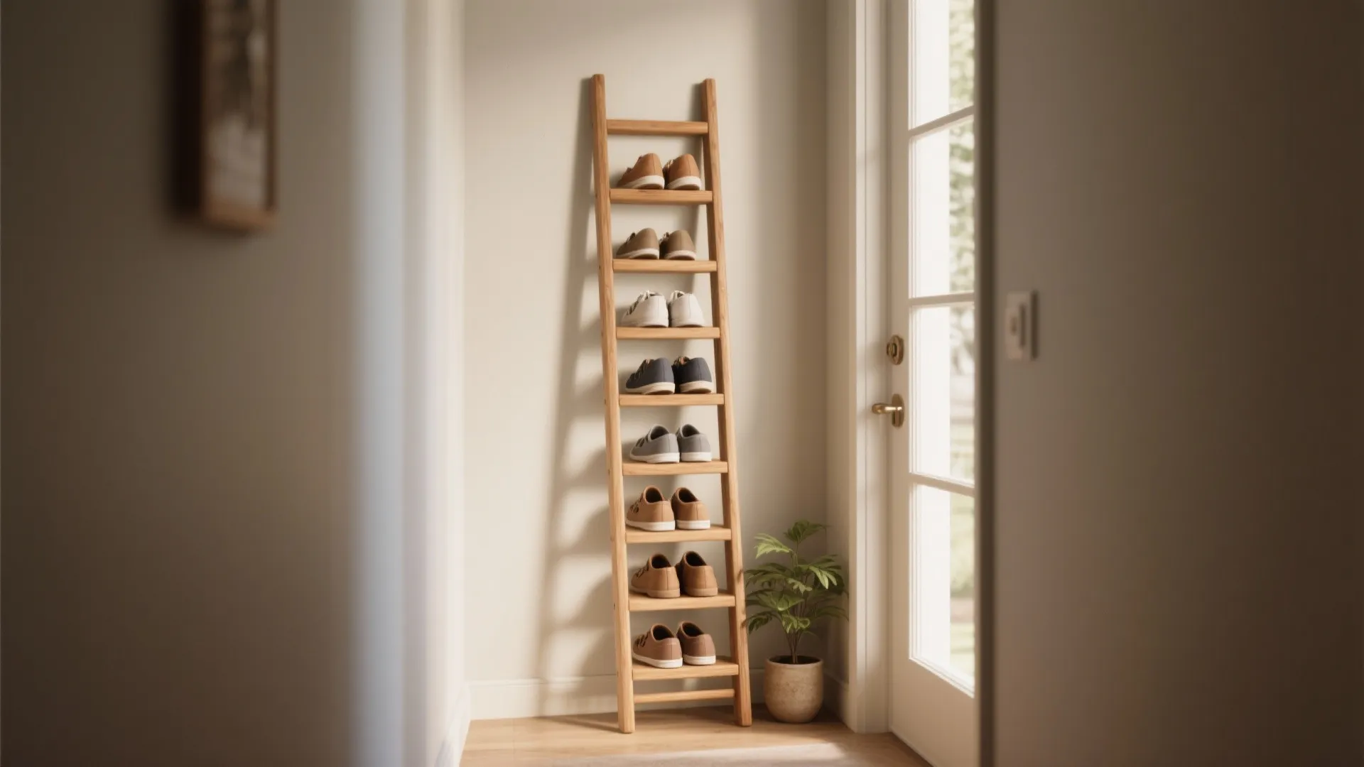 Wooden ladder style shoe rack leaning against a white wall near a bright glass door