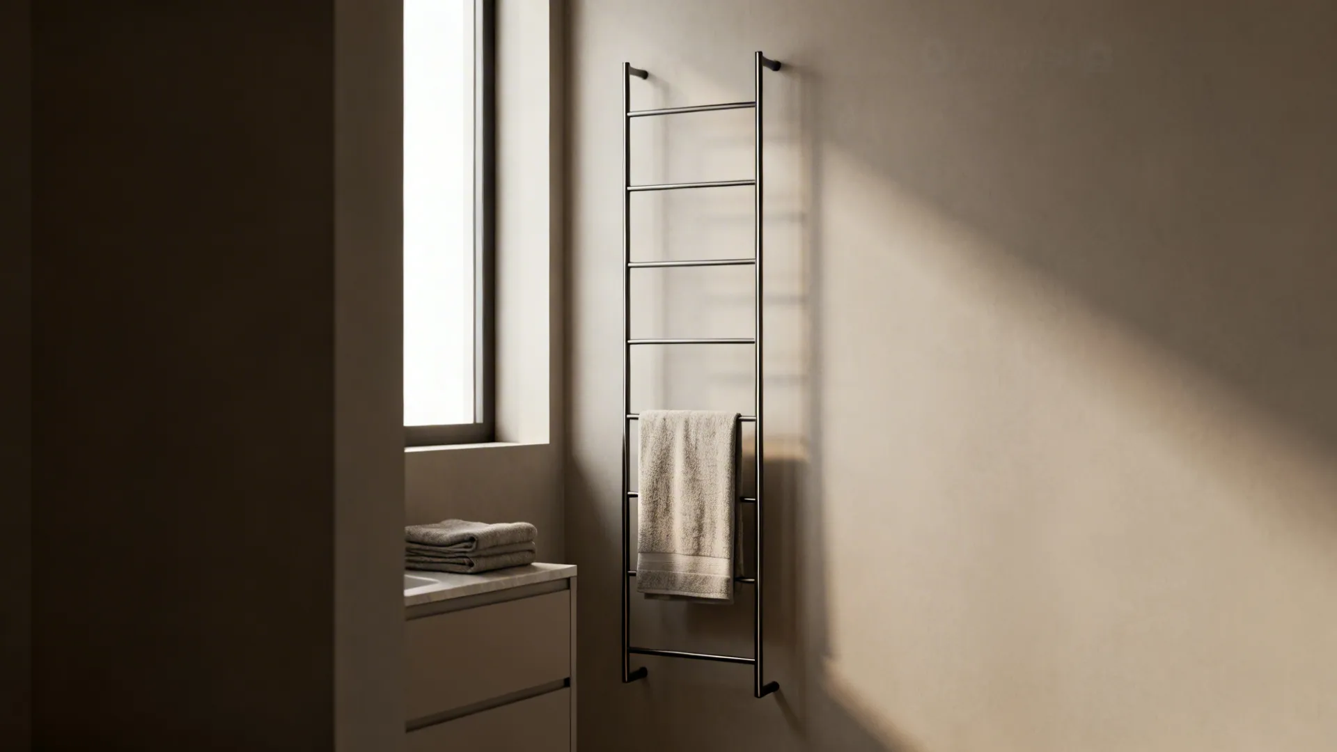 Slim vertical ladder towel rack mounted on a narrow bathroom wall with neatly hung towels.