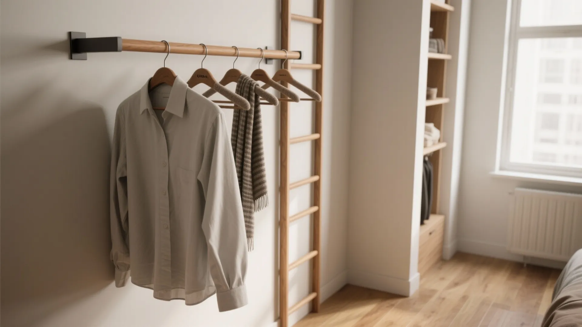 Wooden wall mounted clothes rail with grey shirt scarf and tall wood ladder in bedroom