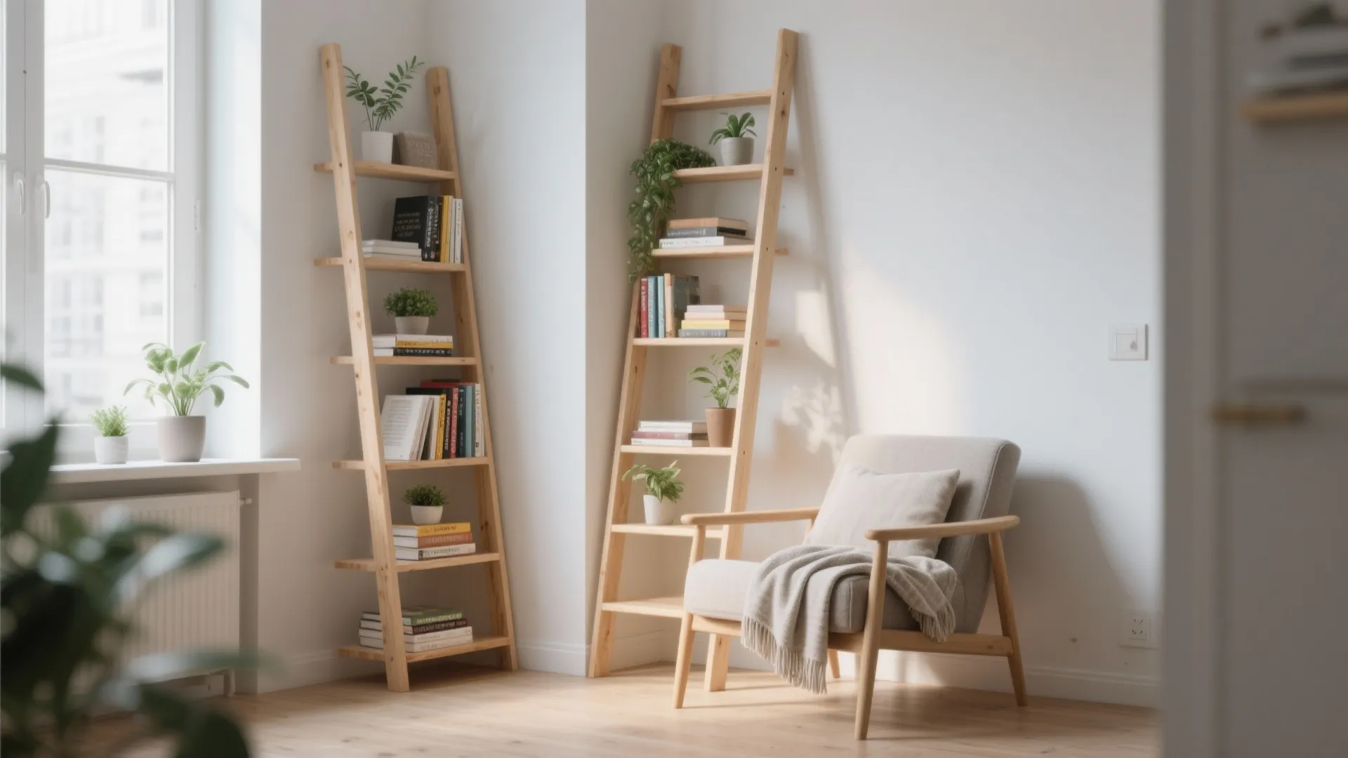 Two wooden ladder shelves with books and plants next to a window and cozy armchair