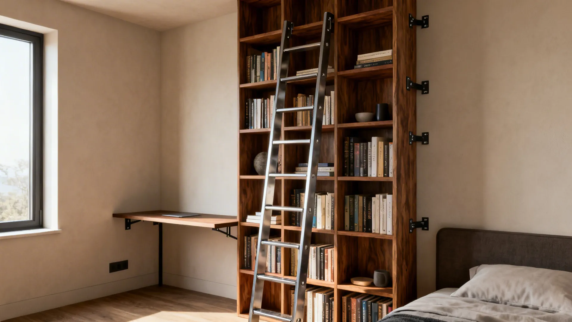 Tall ladder-style floor-to-ceiling shelves in a compact bedroom next to a slim desk.