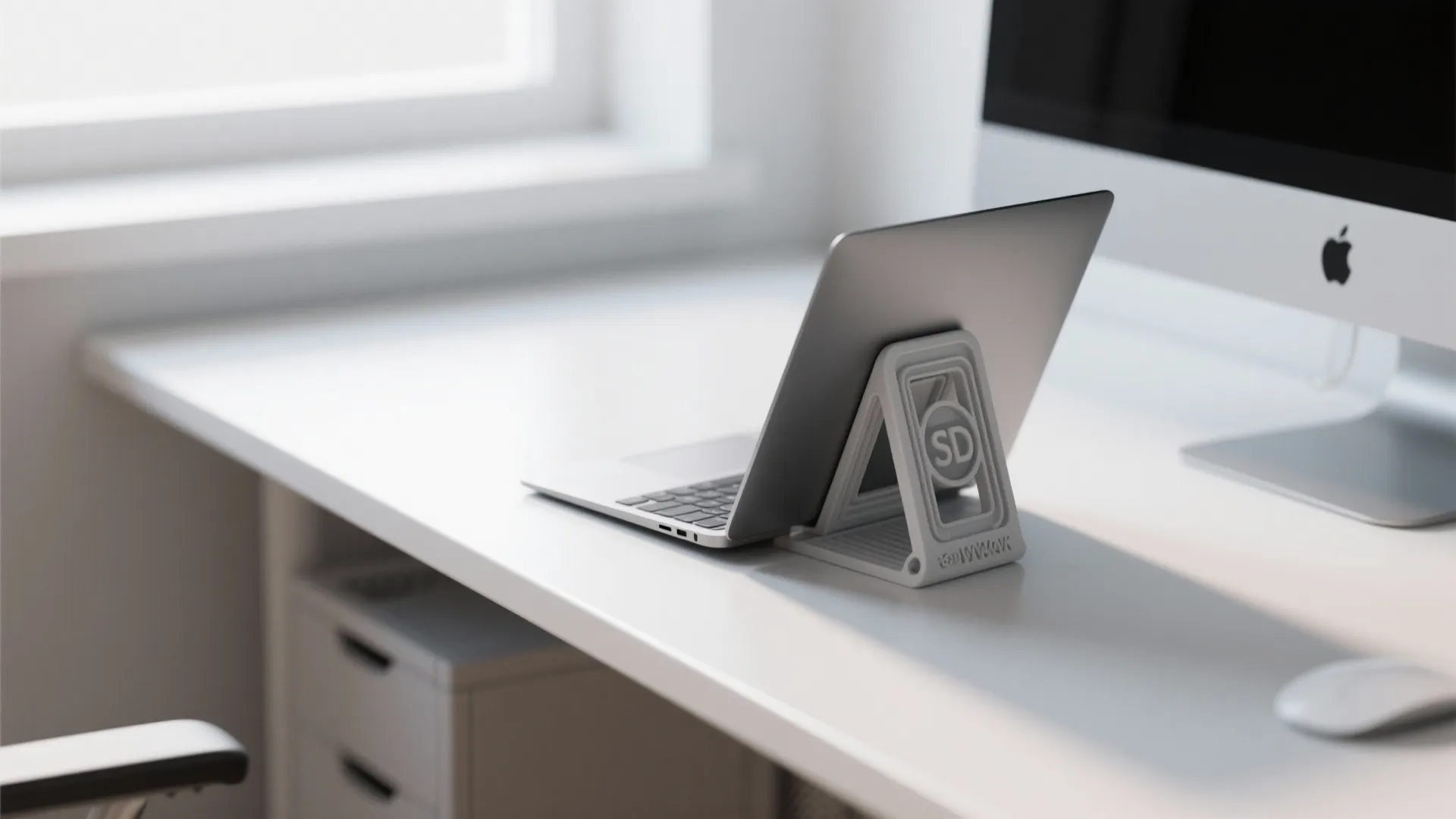 Grey vertical laptop stand holding a silver laptop on white desk next to large computer