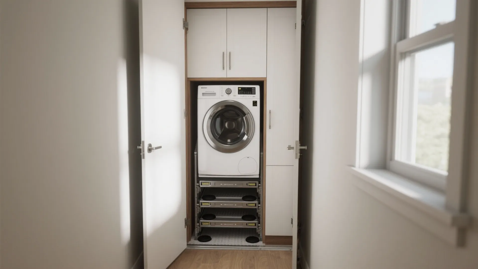 White washing machine installed inside a tall white storage cabinet with open doors and shelves