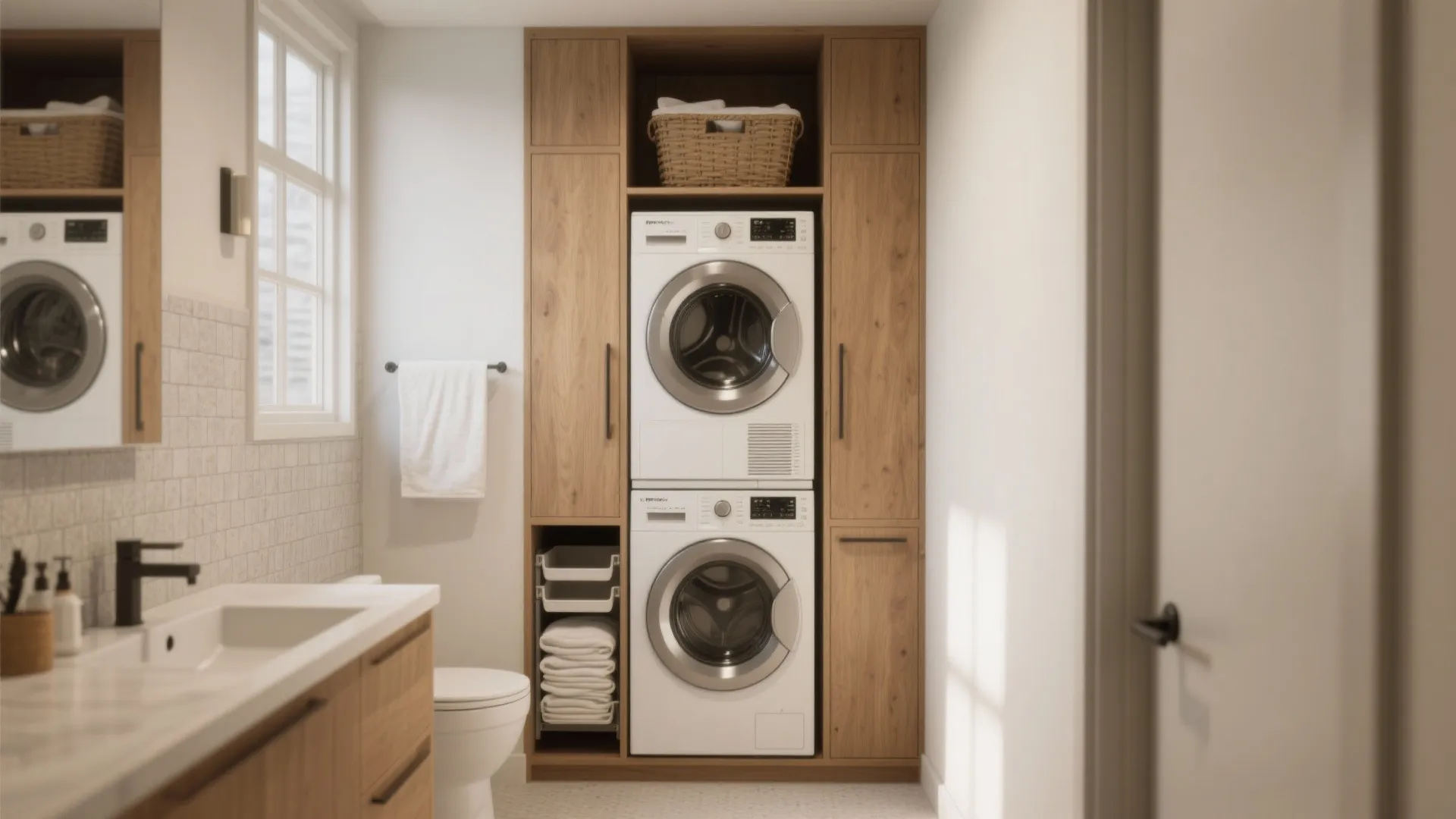Modern laundry area with stacked washing machine and dryer inside a tall wooden storage cabinet