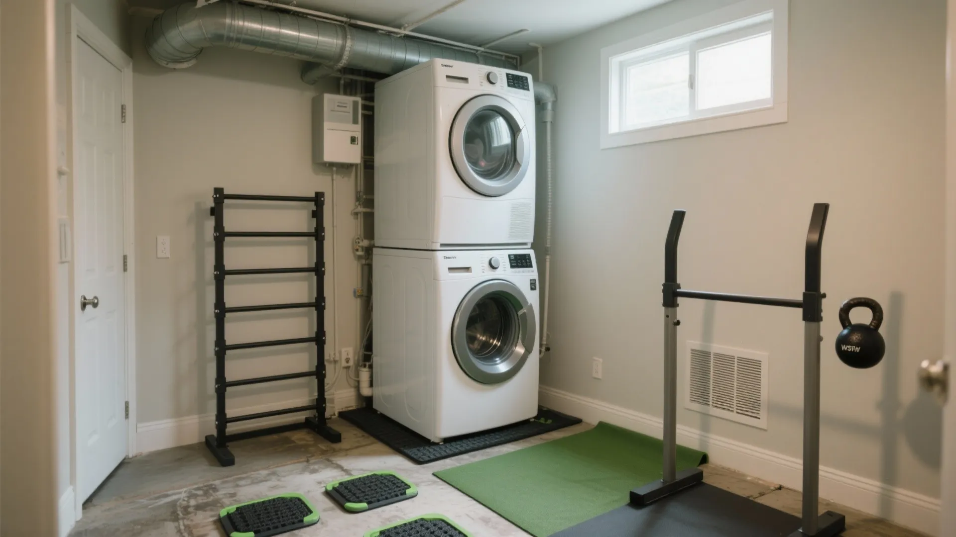 2. Vertical Laundry Stack with Workout Nook Above