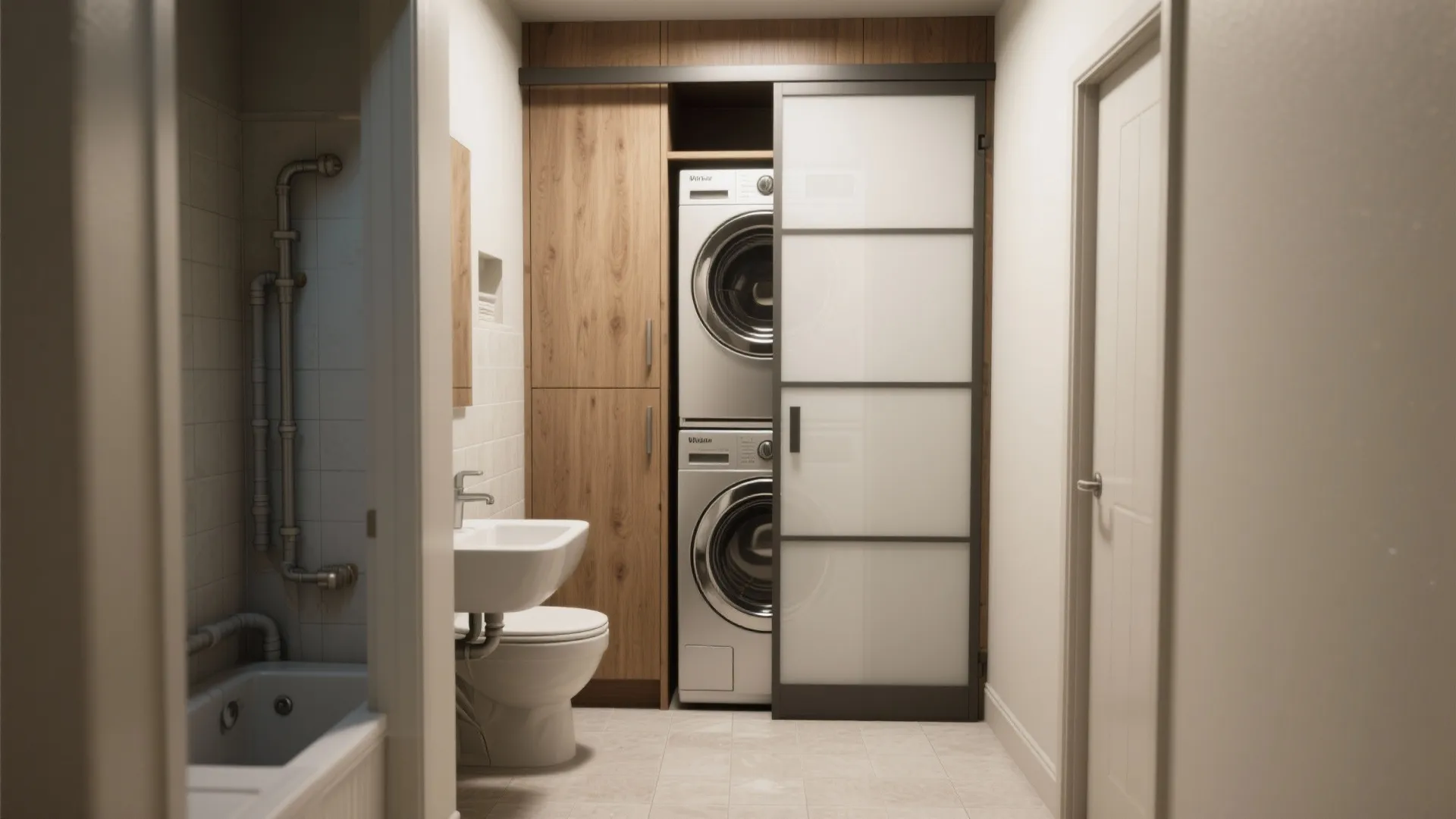 Small bathroom layout featuring stacked laundry machines behind a sliding door and white sink unit