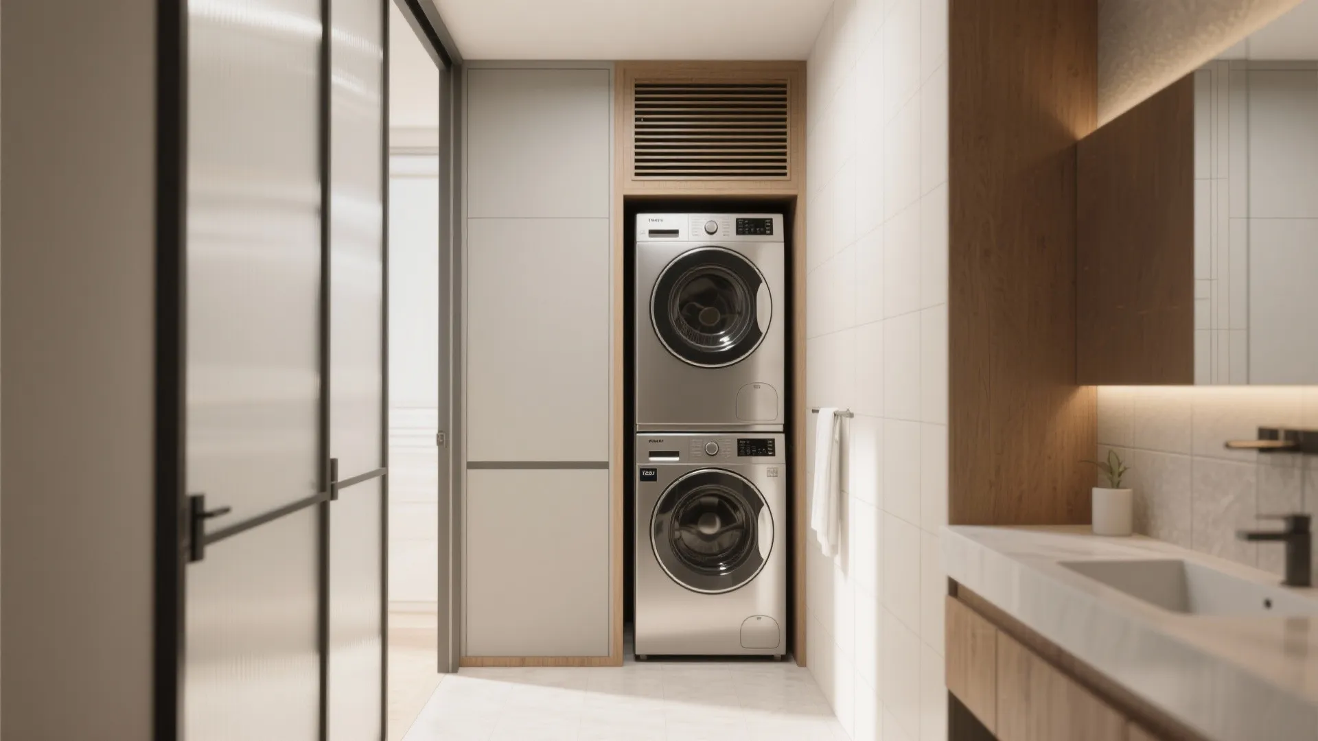 Vertical laundry setup with stacked washing machines in a wooden cabinet next to bathroom sink