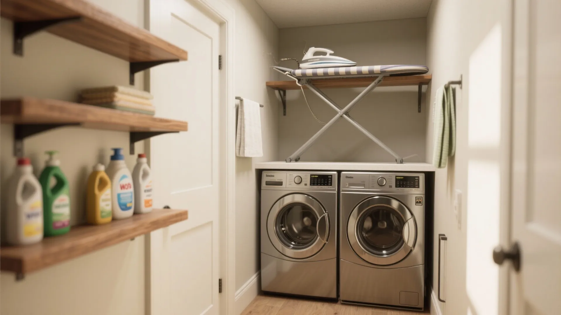 Small laundry room with silver washing machine, dryer, wooden wall shelves, and an ironing board