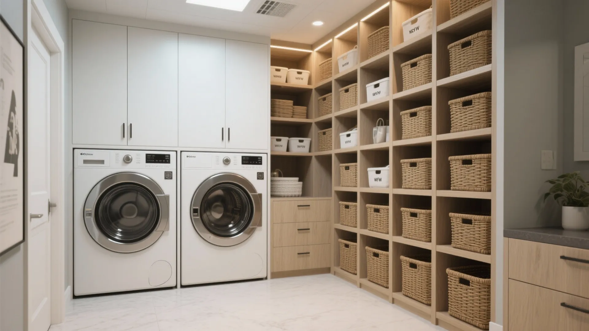 Laundry room with two washing machines and large wooden wall shelves filled with many storage baskets