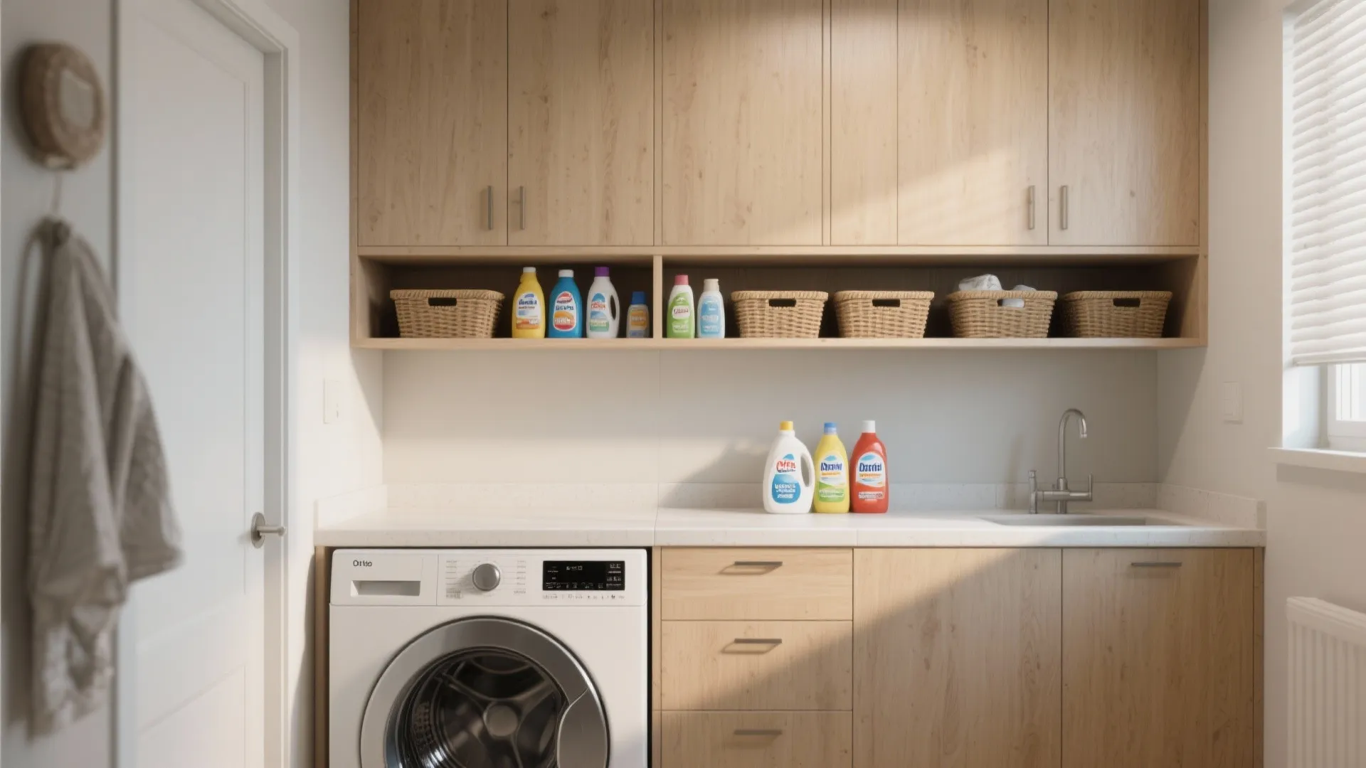 Modern laundry room featuring wooden cabinets above a washing machine with soap bottles and baskets