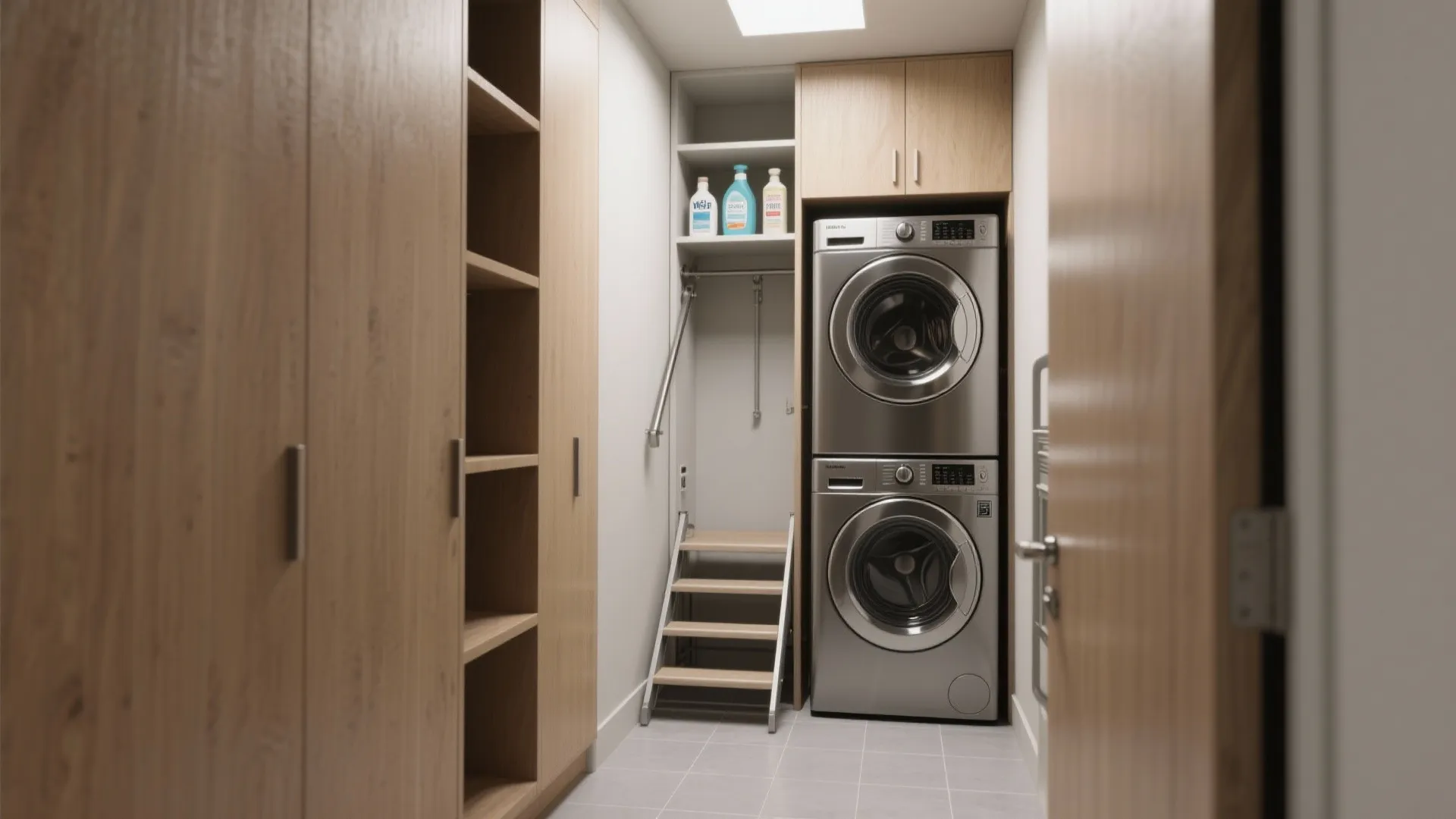 Modern laundry room with stacked silver washer dryer wooden cabinets and a small step ladder