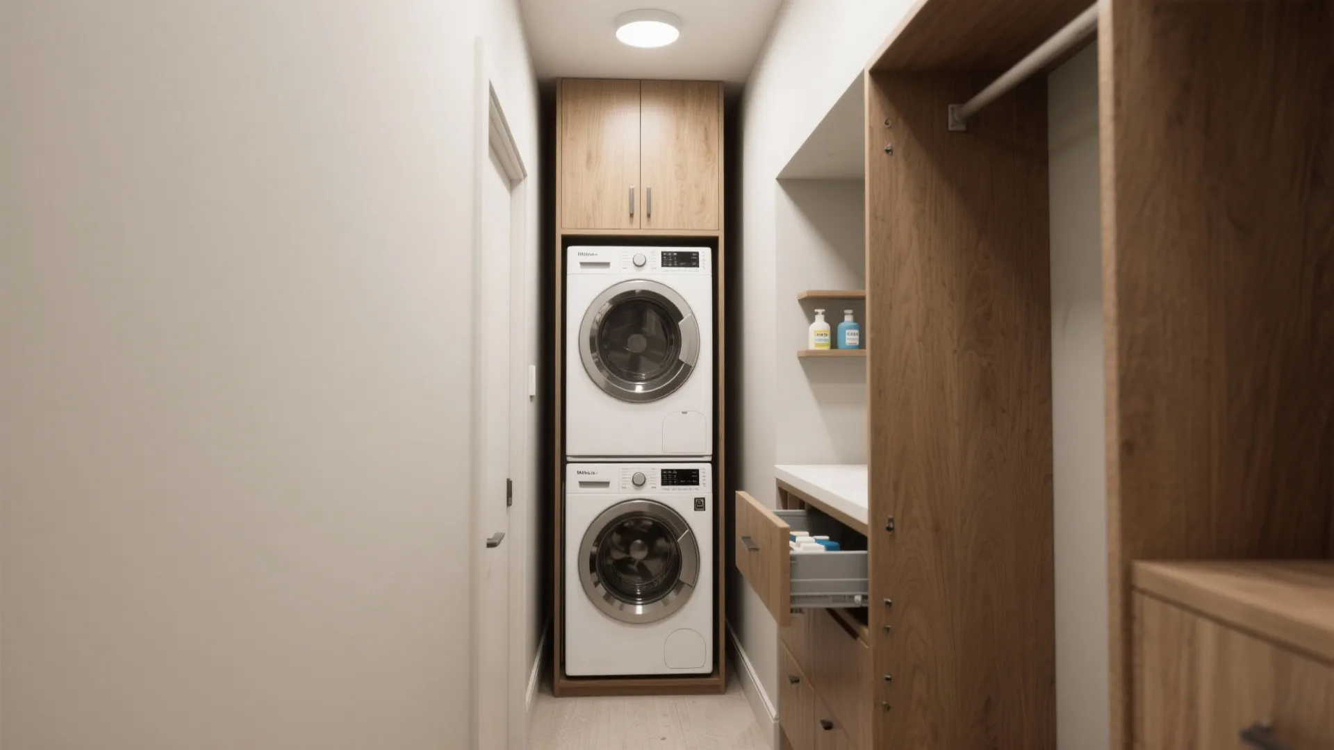 Modern laundry closet with stacked washing machine and dryer built into wooden cabinets and shelves