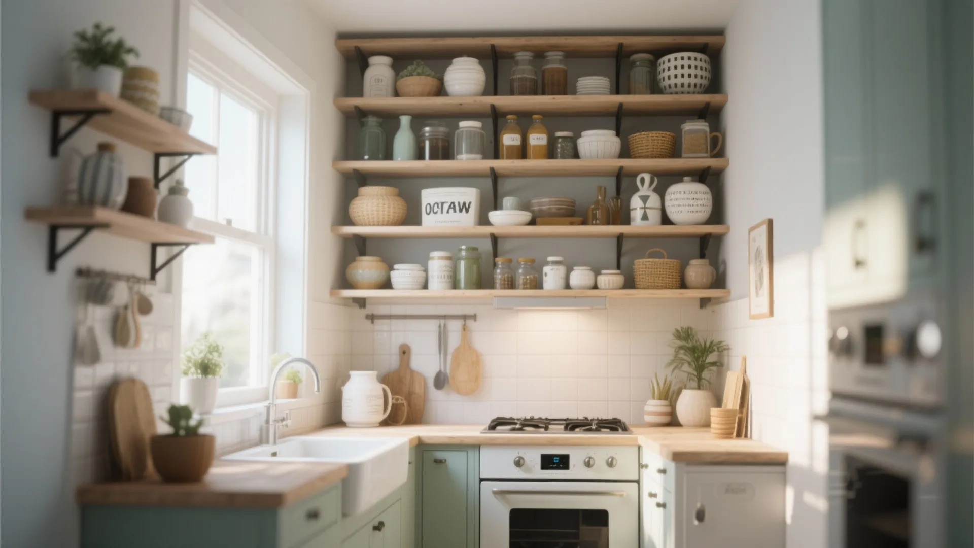 Small kitchen layout featuring many wooden wall shelves filled with jars, bowls, and white oven